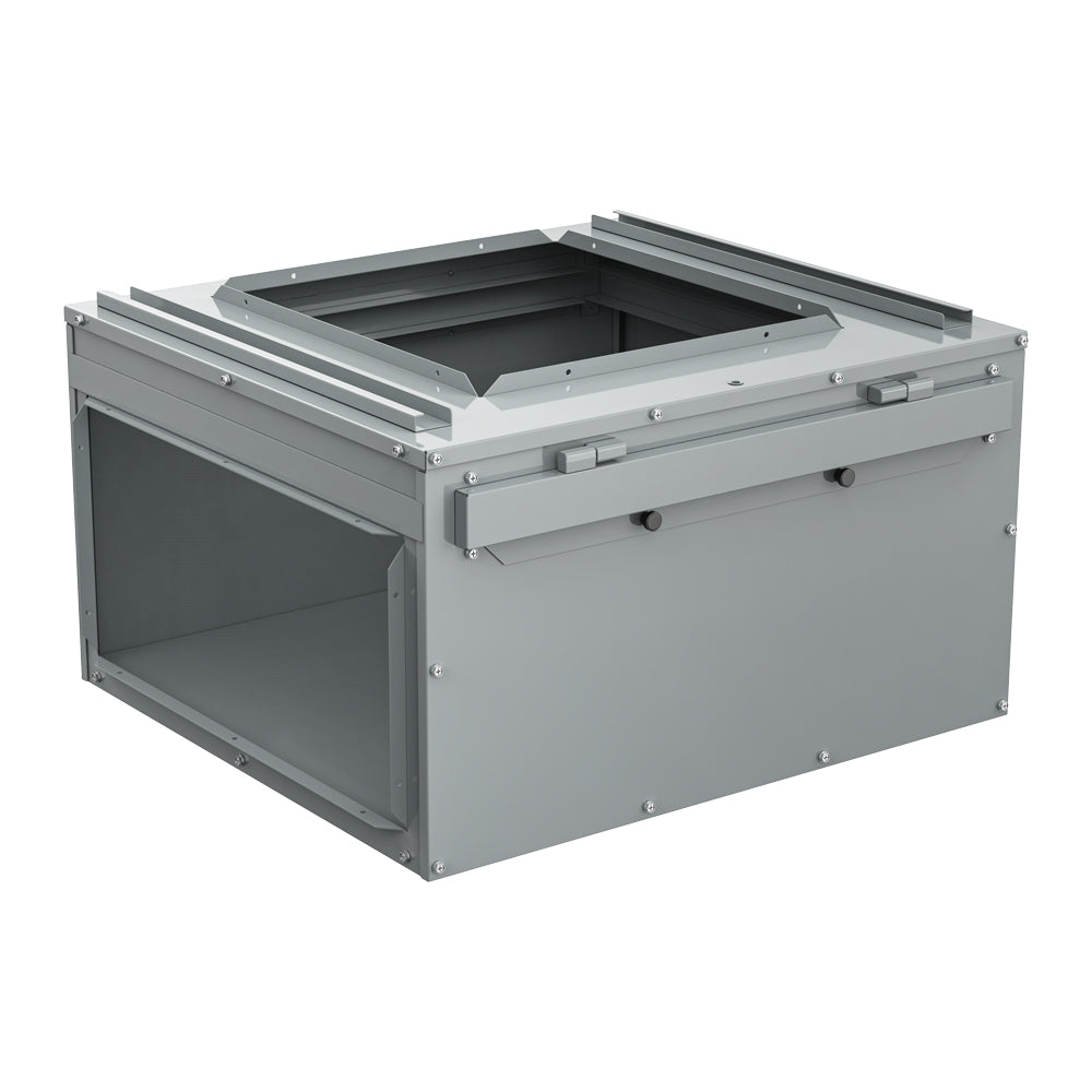 Gray metal multi-positional air return box with open top and side access panel