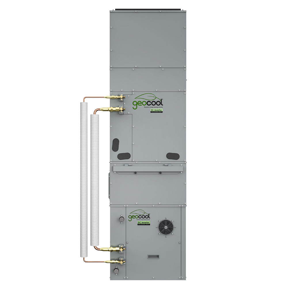 Grey HVAC line set unit with exposed tubing, manifold fittings, and fan grille