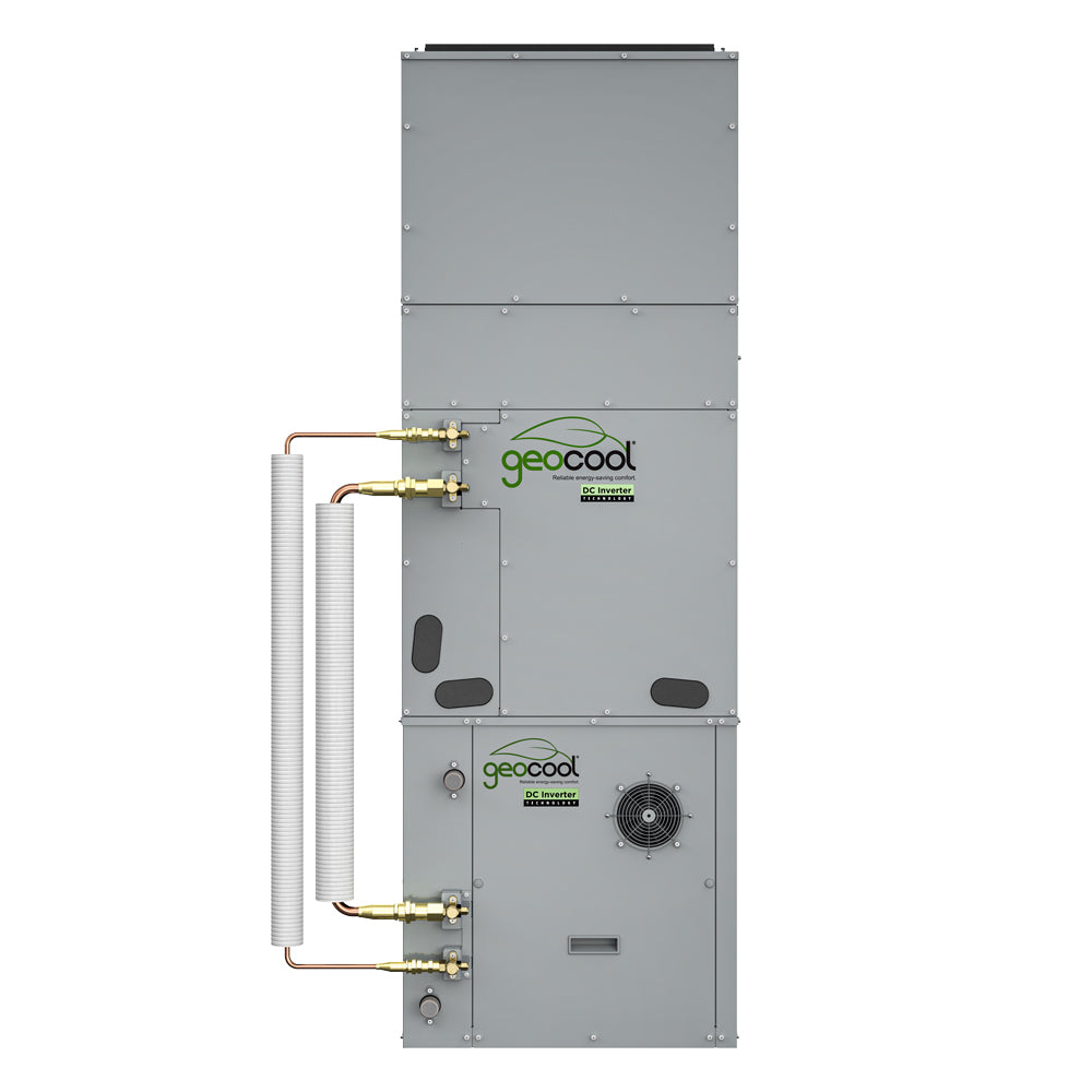 Grey HVAC line set cabinet with visible refrigerant tubing and control fan