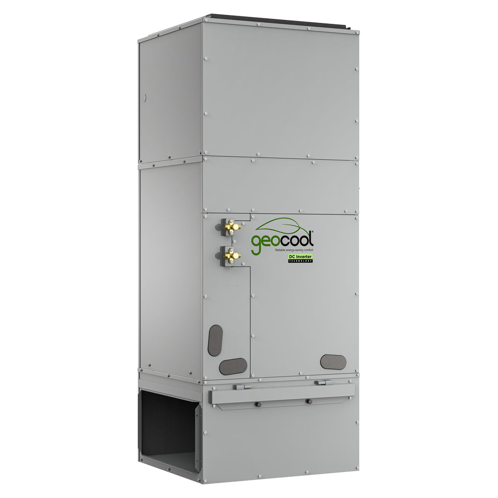 Grey vertical HVAC line set unit with front access opening and copper manifold