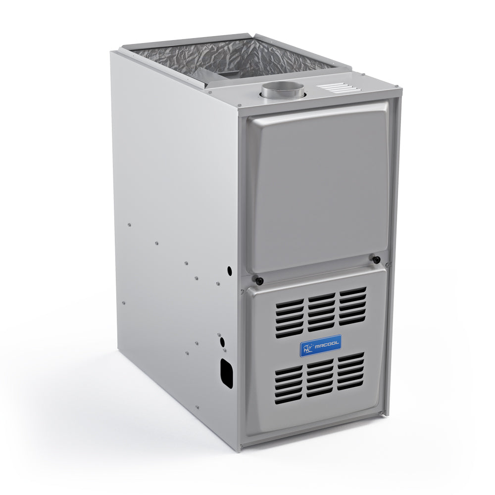 Grey gas furnace cabinet with side access panel and lower vent grilles