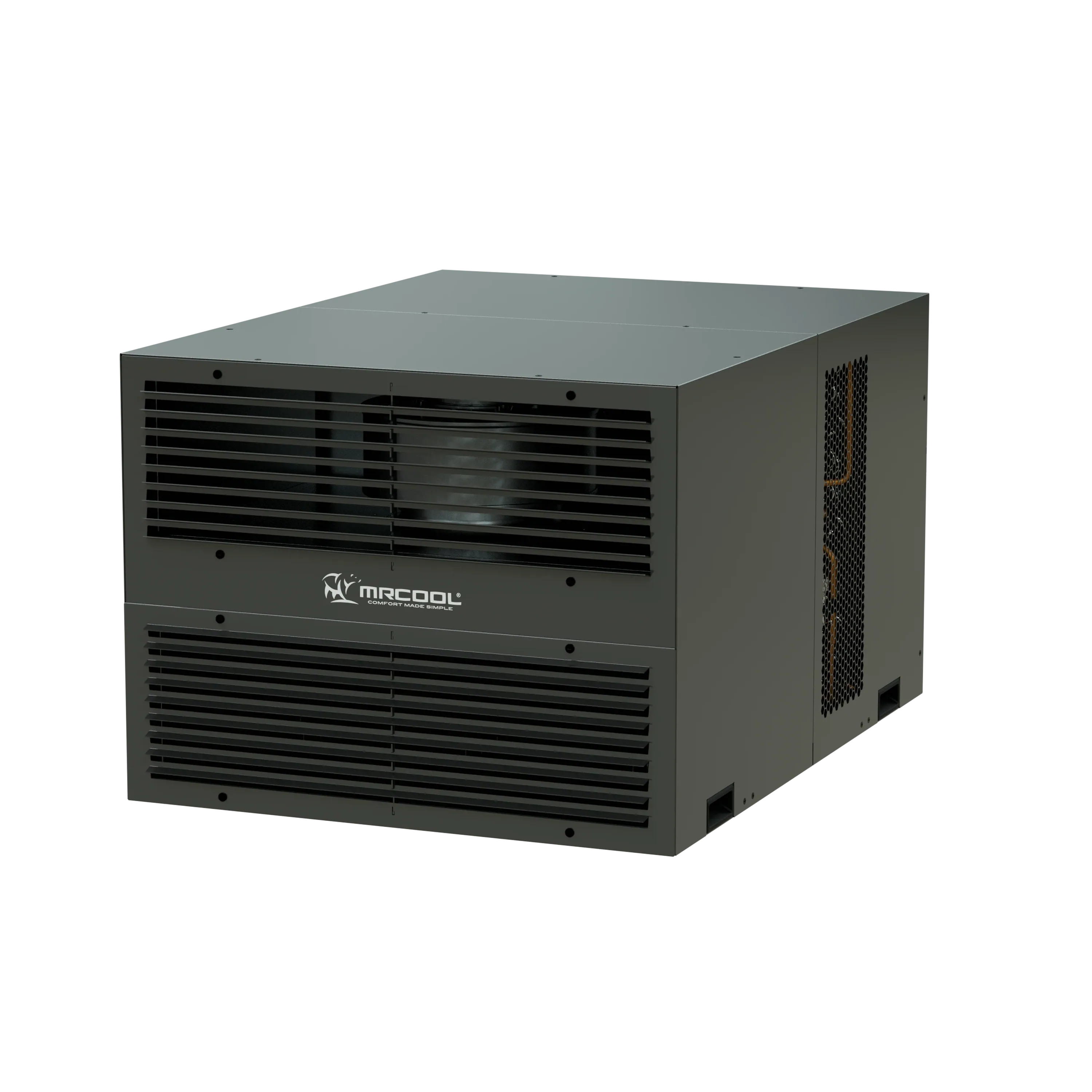 MRCOOL compact refrigeration system angled view with front grilles and side vent