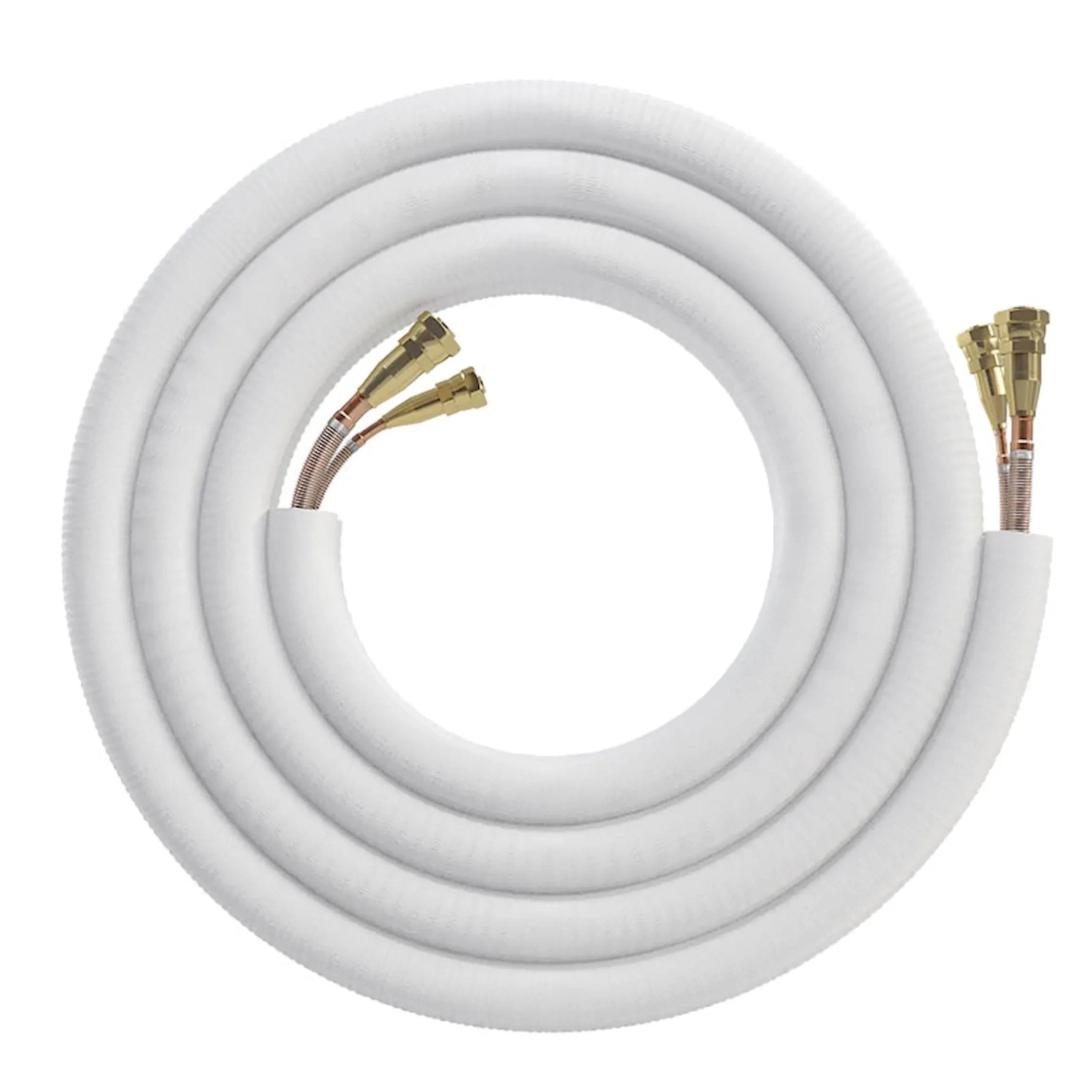 MRCOOL pre-charged line set with white tubing loop and brass quick-connect fittings