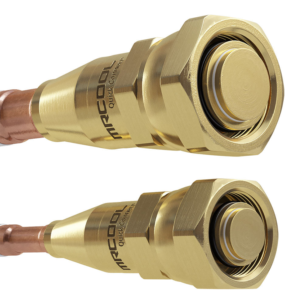 MRCOOL quick-connect fittings, brass ports with copper-colored tube ends