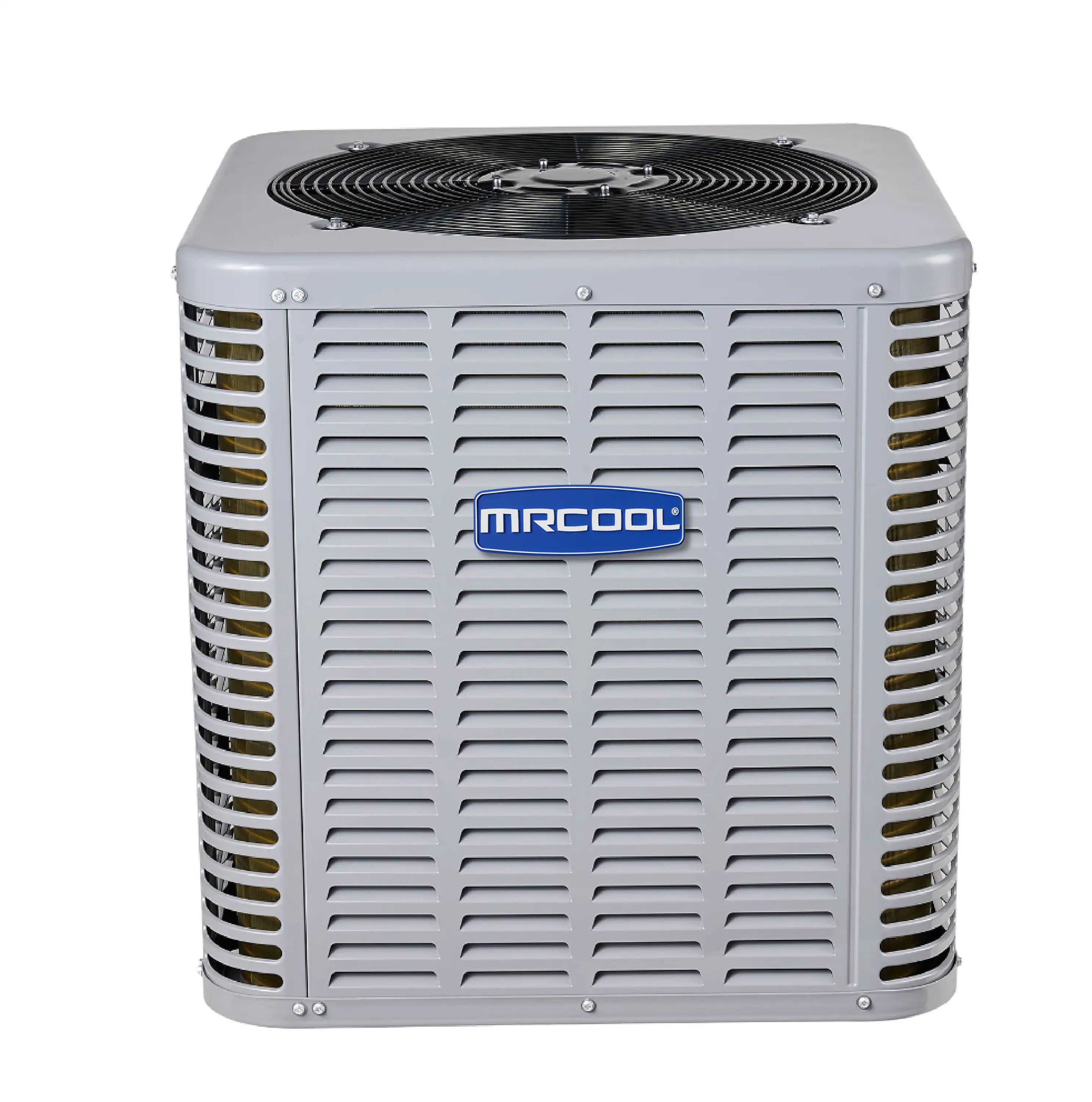 Gray split air conditioner condenser with MRCOOL logo on front vent grille