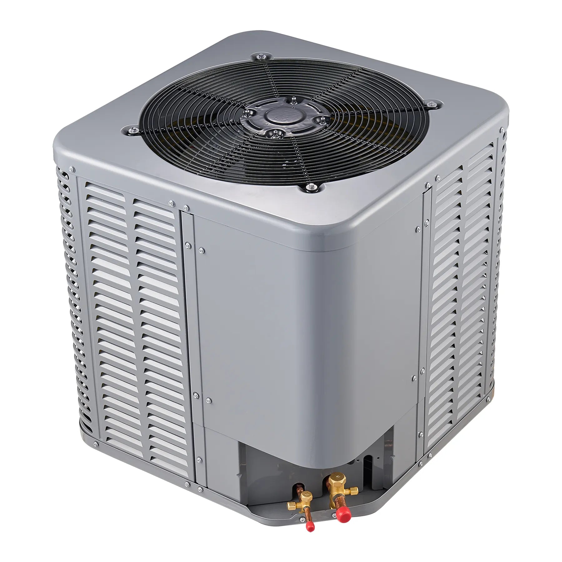 MRCOOL heat pump condenser with top fan, side grilles, and service valves at base