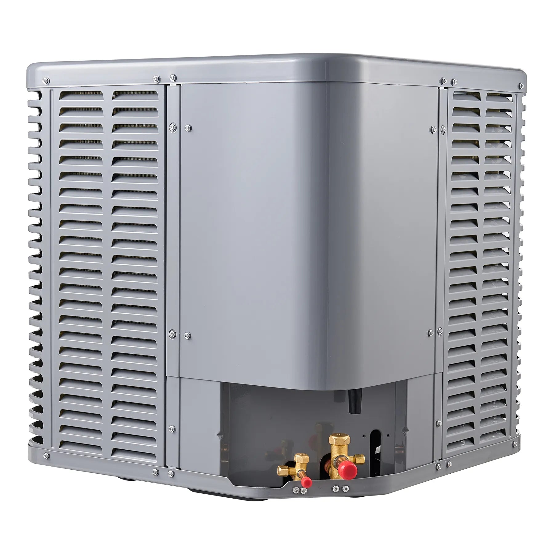 Gray outdoor split-system heat pump condenser with vented panels and service ports