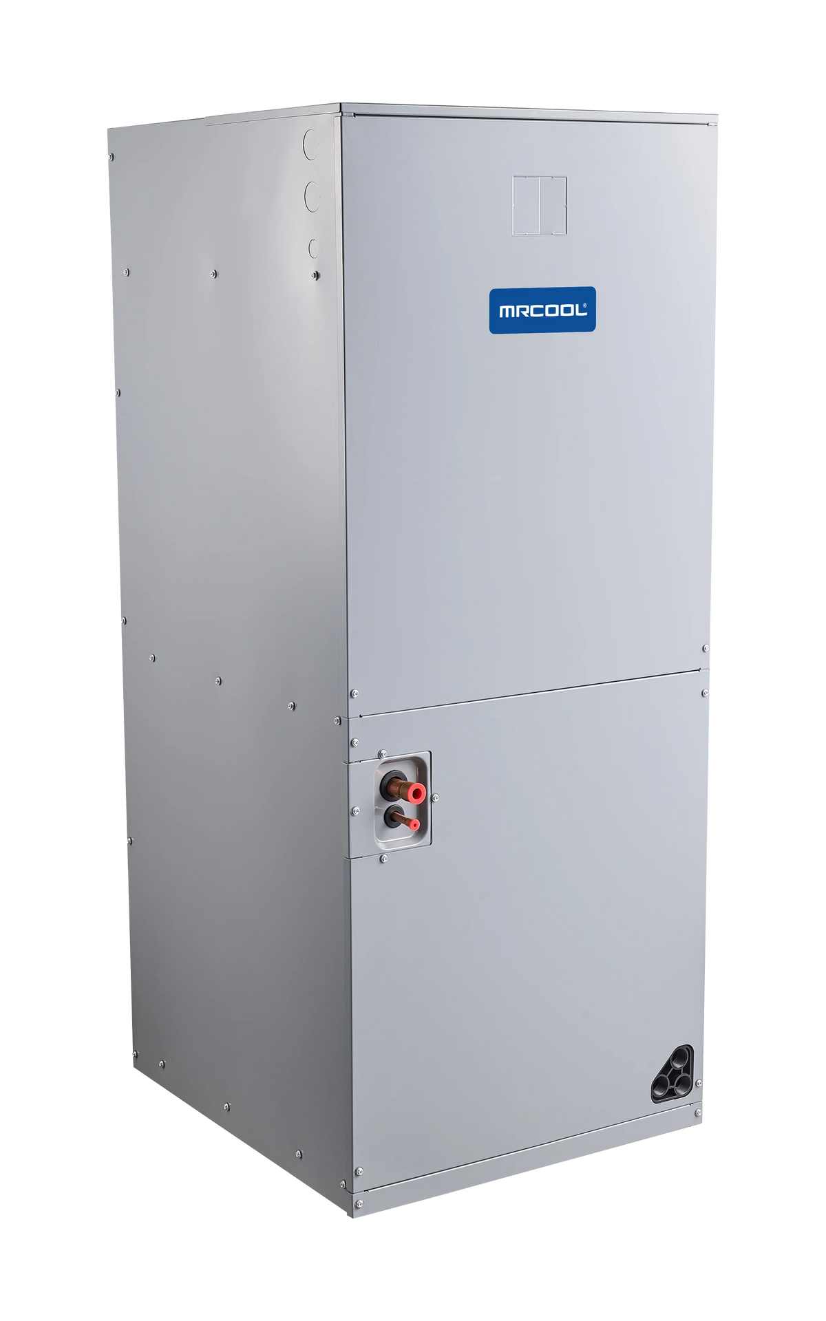 White MRCOOL air handler cabinet showing side seam and electrical service panel