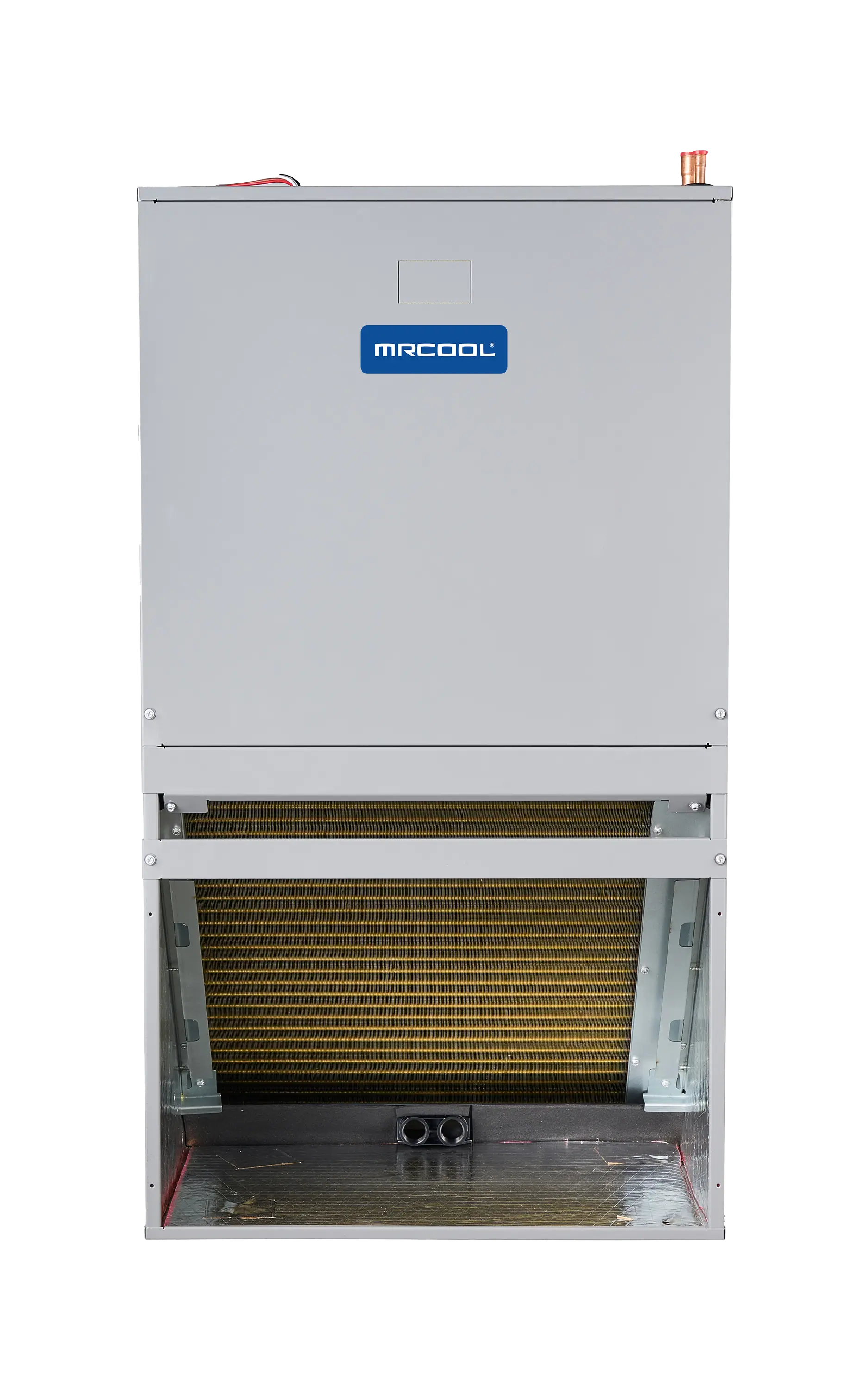 Wall-mount air handler with open front grille and gold-toned coil