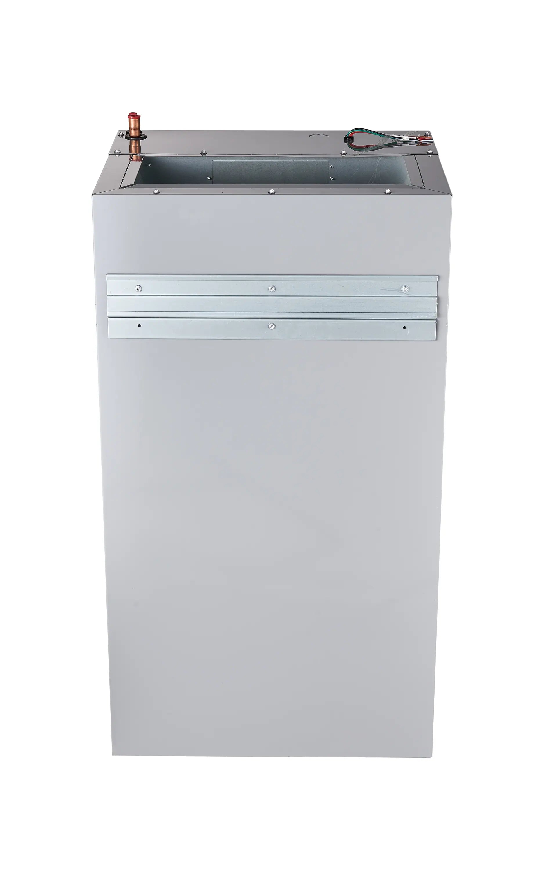 Compact air handler cabinet with top plumbing fittings and service access panel