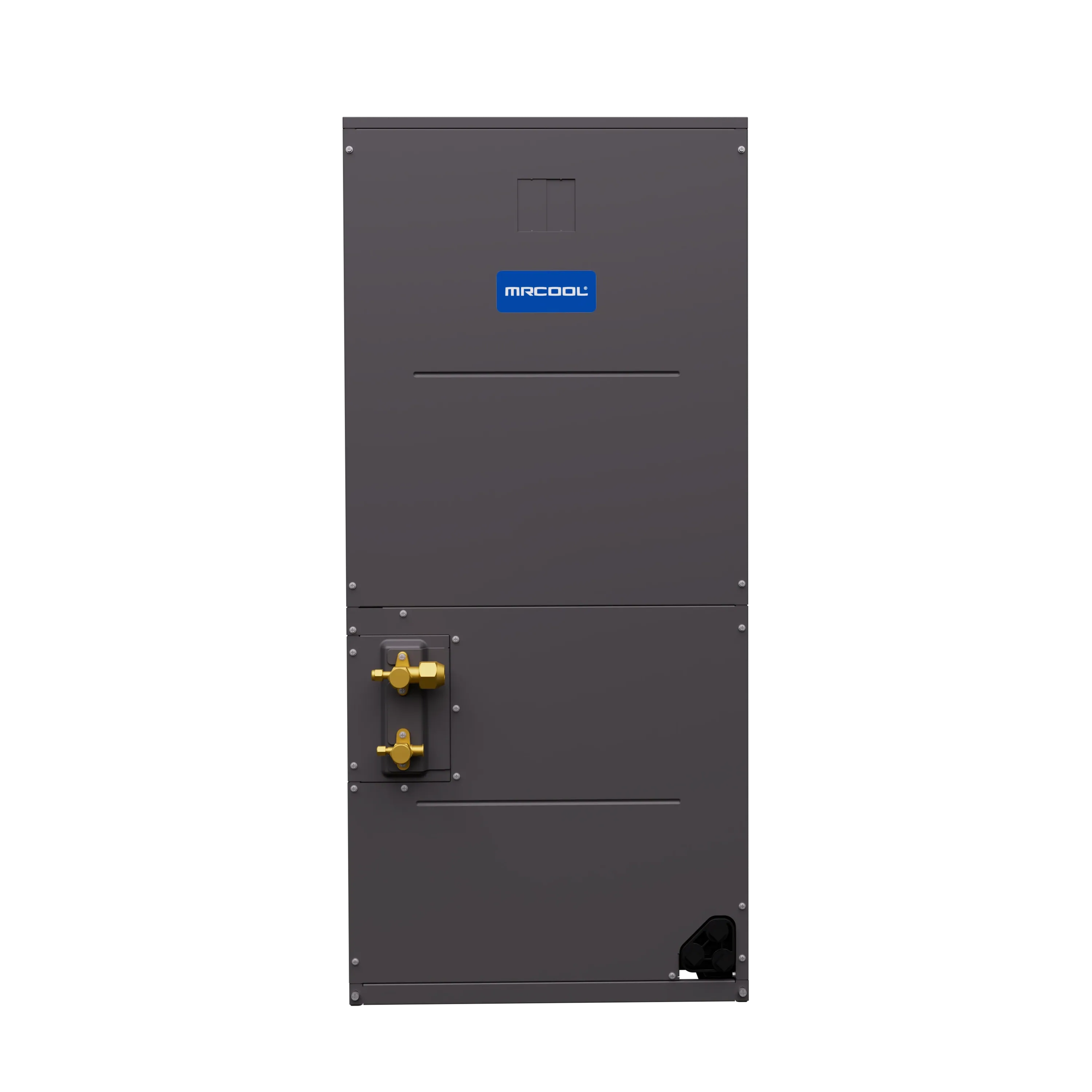 Multi-position air handler front panel, dark gray cabinet with MRCOOL logo and gold ports