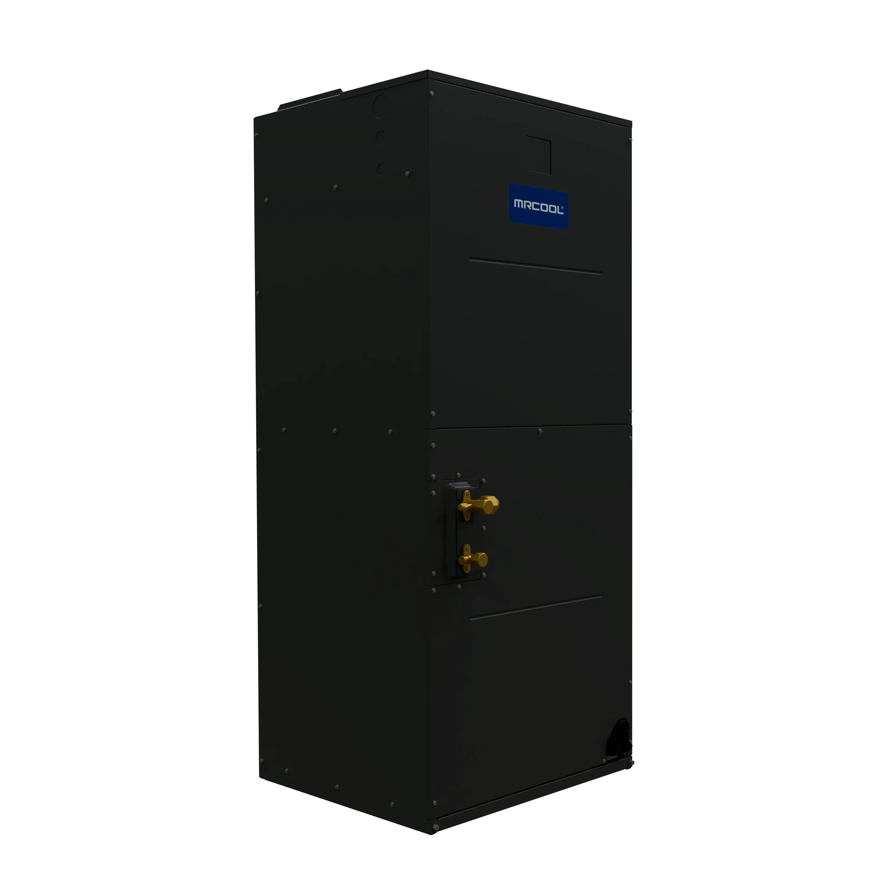 Black multi-position air handler cabinet with yellow-gold service valves on side