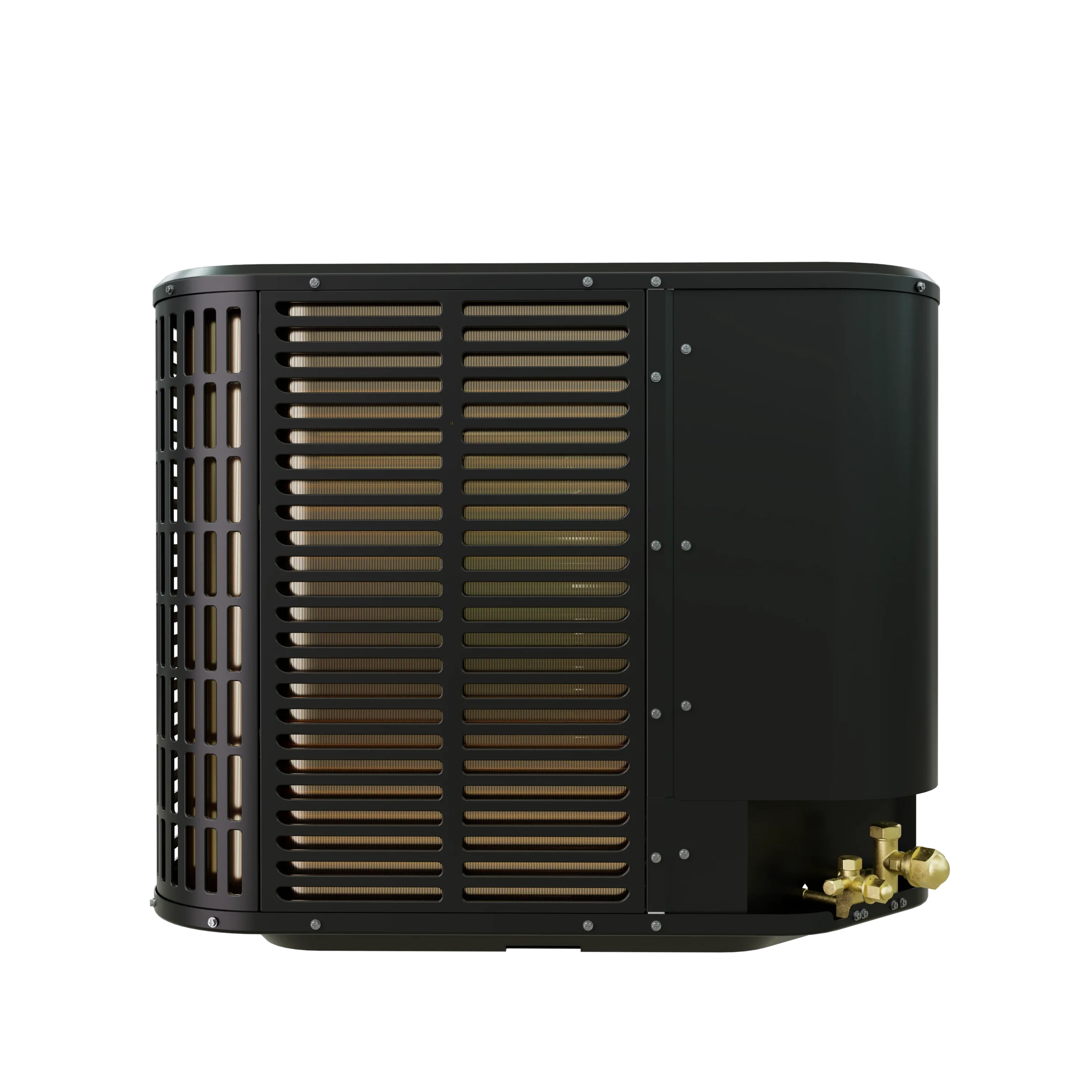 MRCOOL heat pump condenser, black cabinet with right-side panel and brass fittings