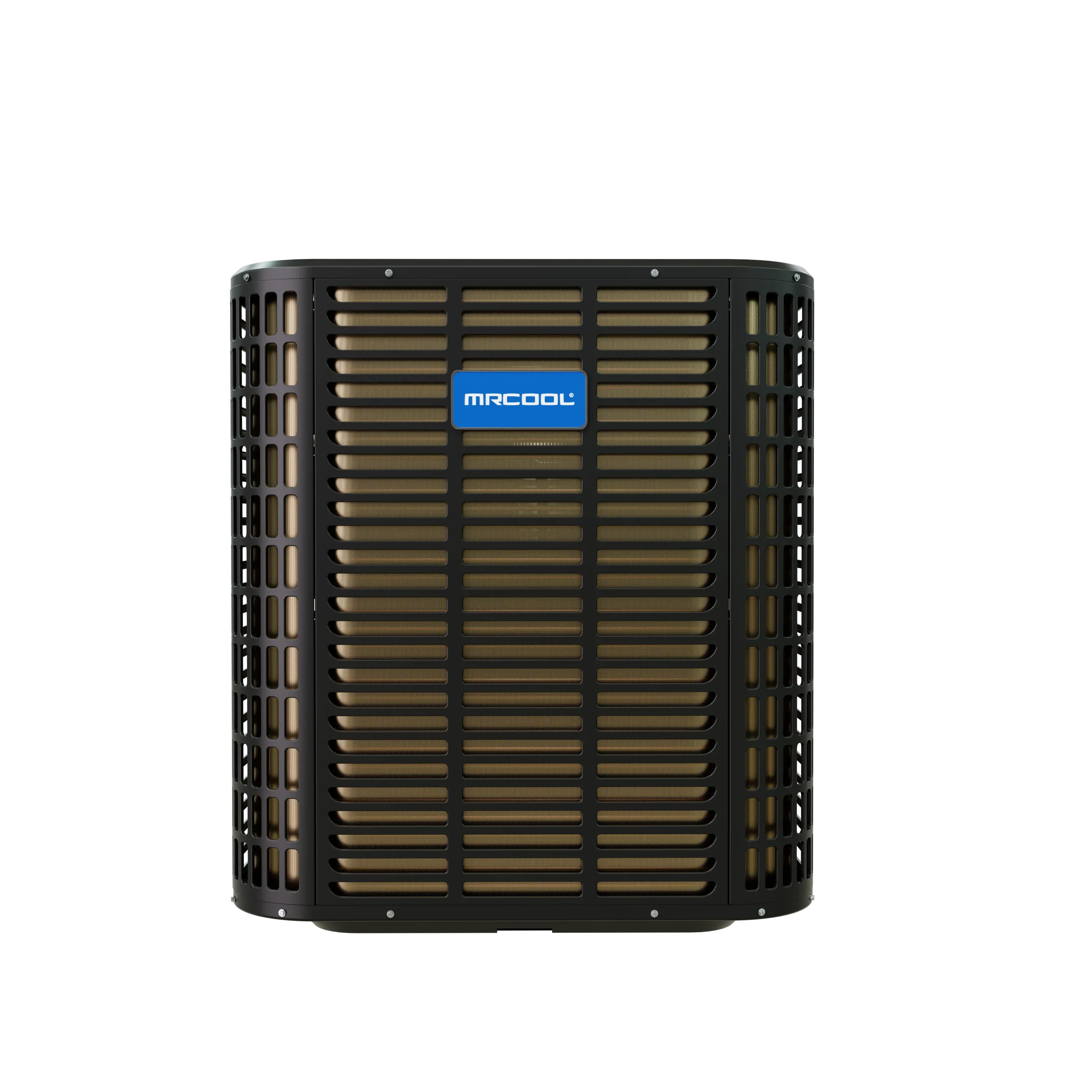 MRCOOL heat pump condenser outdoor unit with front grille and louvered panels