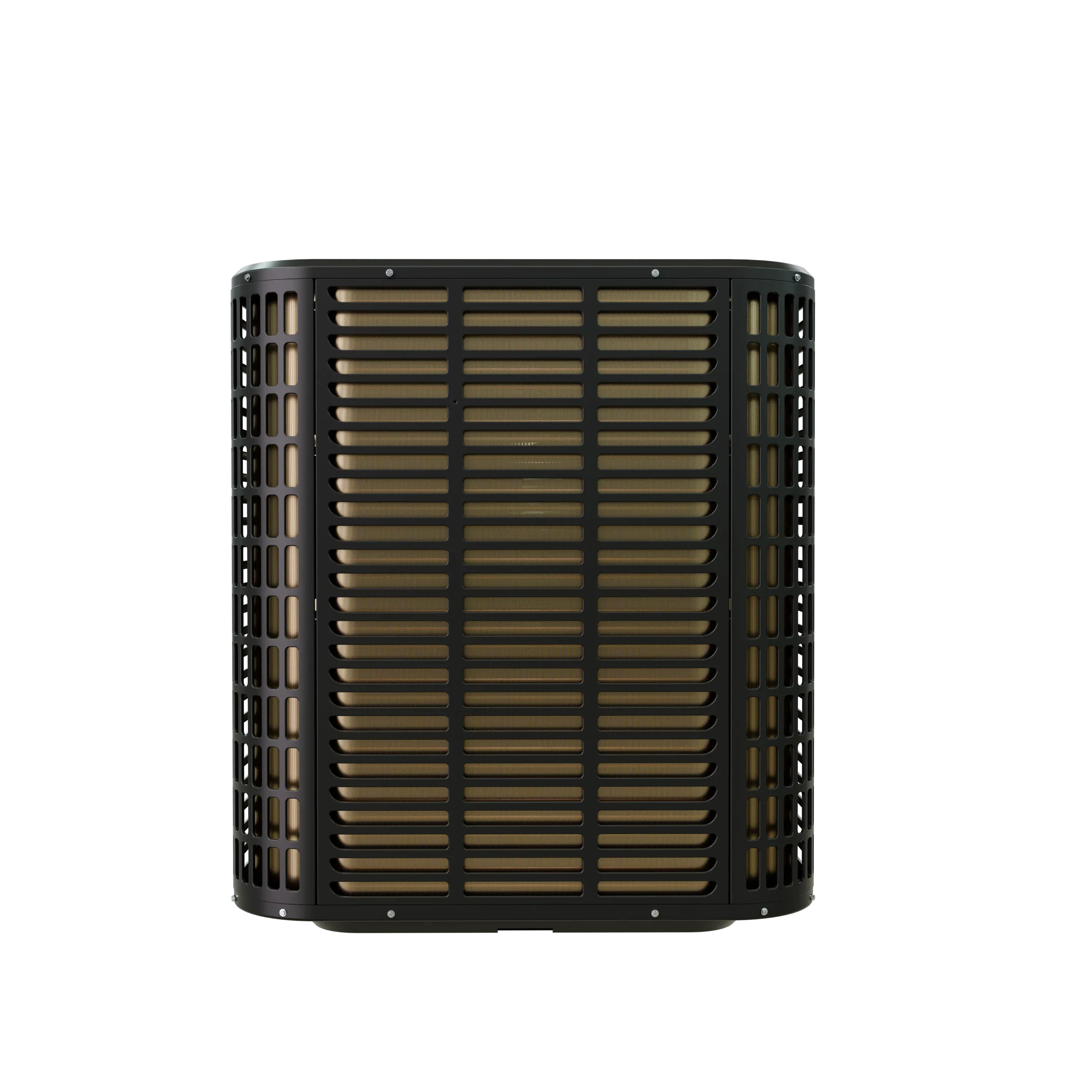 MRCOOL outdoor heat pump condenser with black frame and bronze louvered grille