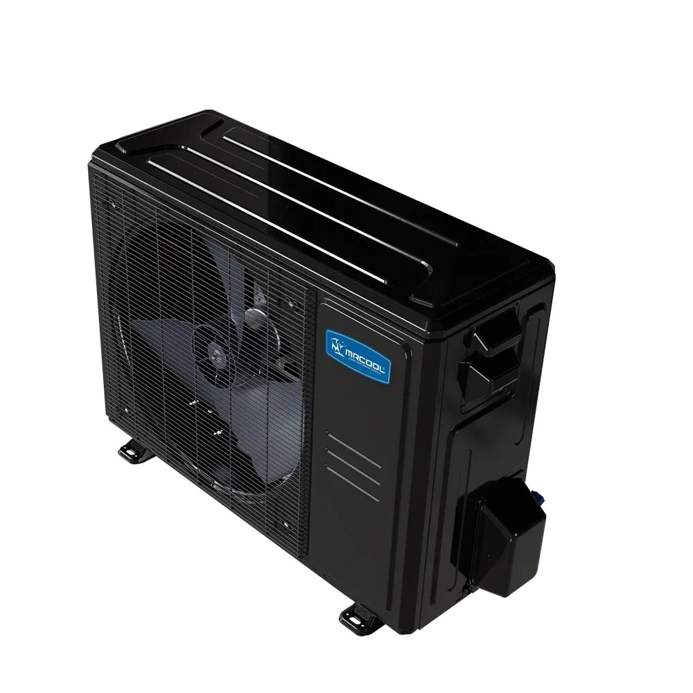 MRCOOL air-source heat pump condenser, side view with top vents and fan.