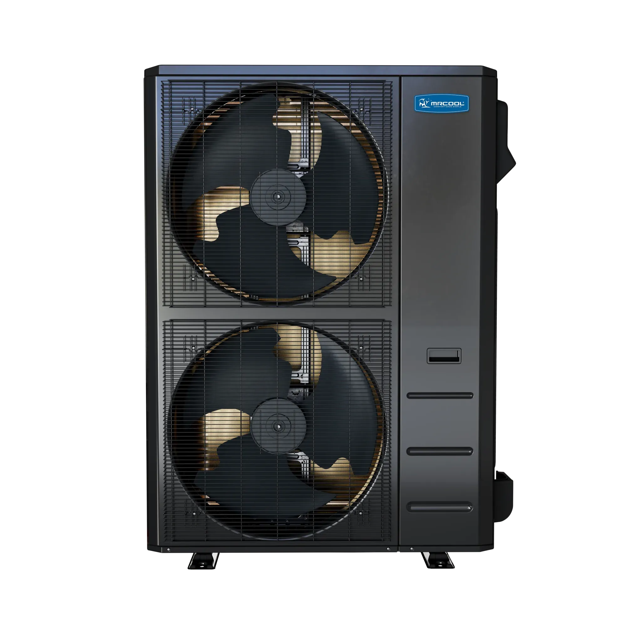 Dual-fan heat pump condenser with dark gray metal casing and front grille panels