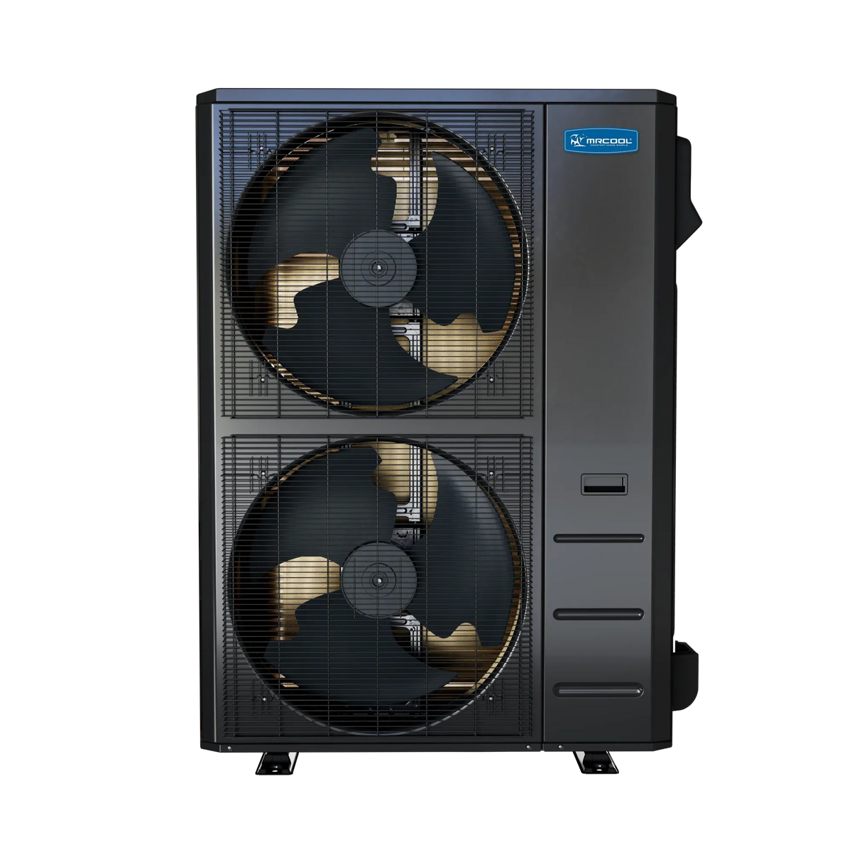 MRCOOL heat pump condenser unit with two front fan grilles and dual fan motors