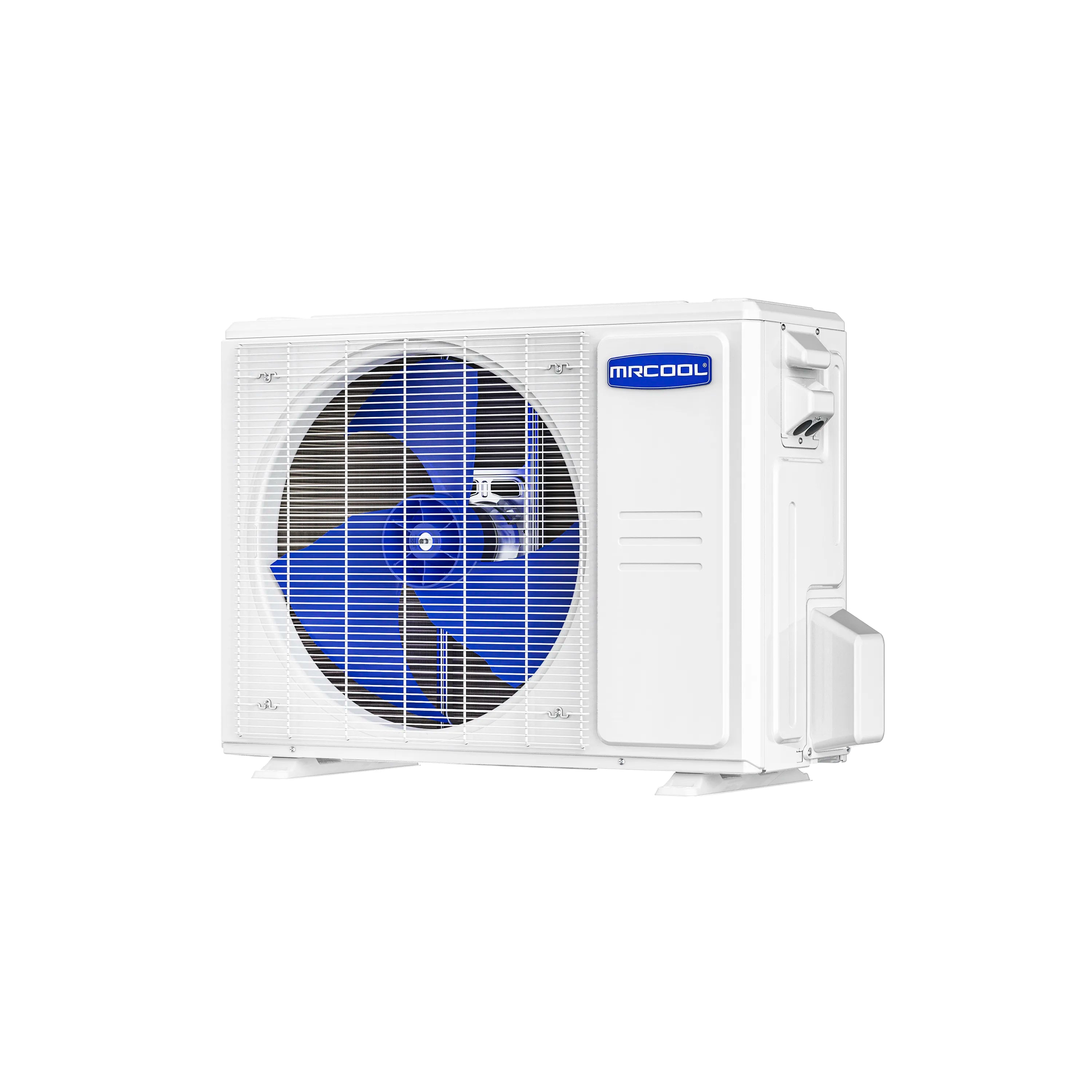 White outdoor heat pump split system condenser with side service cover