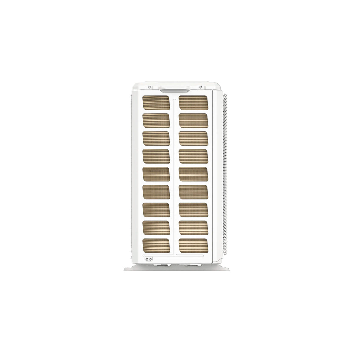 MRCOOL heat pump condenser unit, white casing, top view of condenser coil fins
