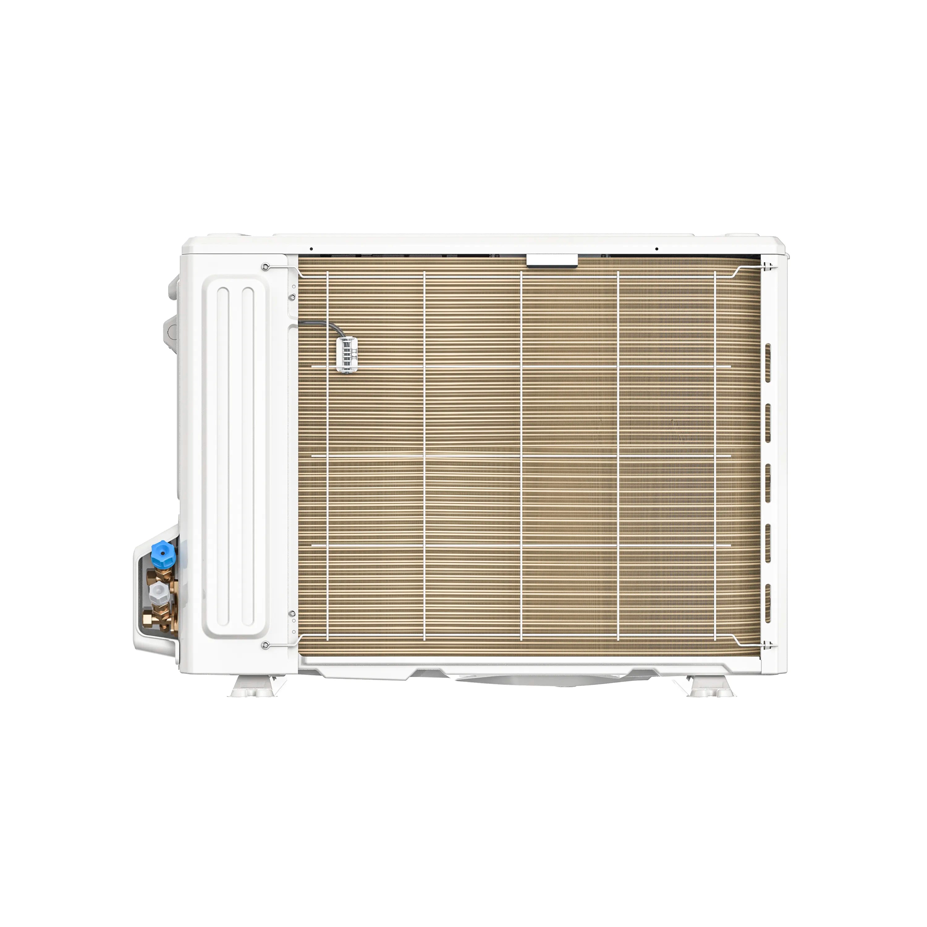 Outdoor heat pump condenser heat exchanger coil with tan fins and wiring access
