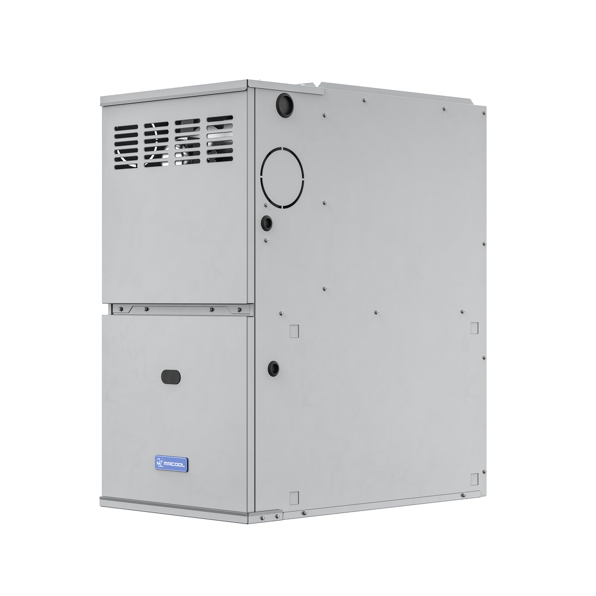 MRCOOL gas furnace side view with oval control panel and top vent grille