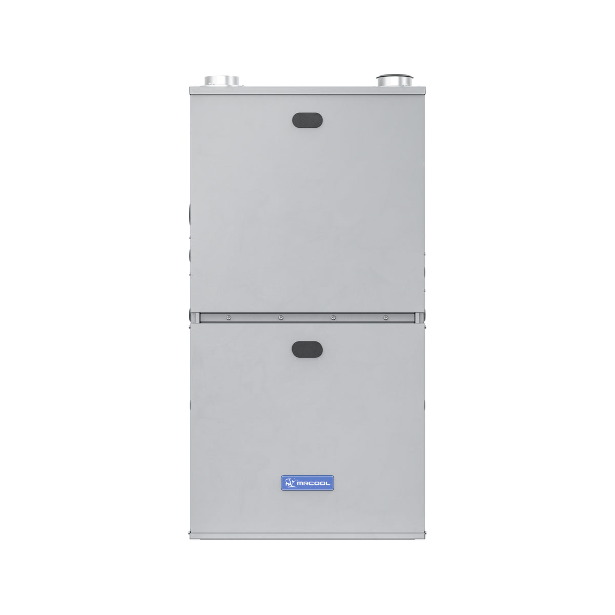 Light gray gas furnace cabinet with two access panels and top fittings