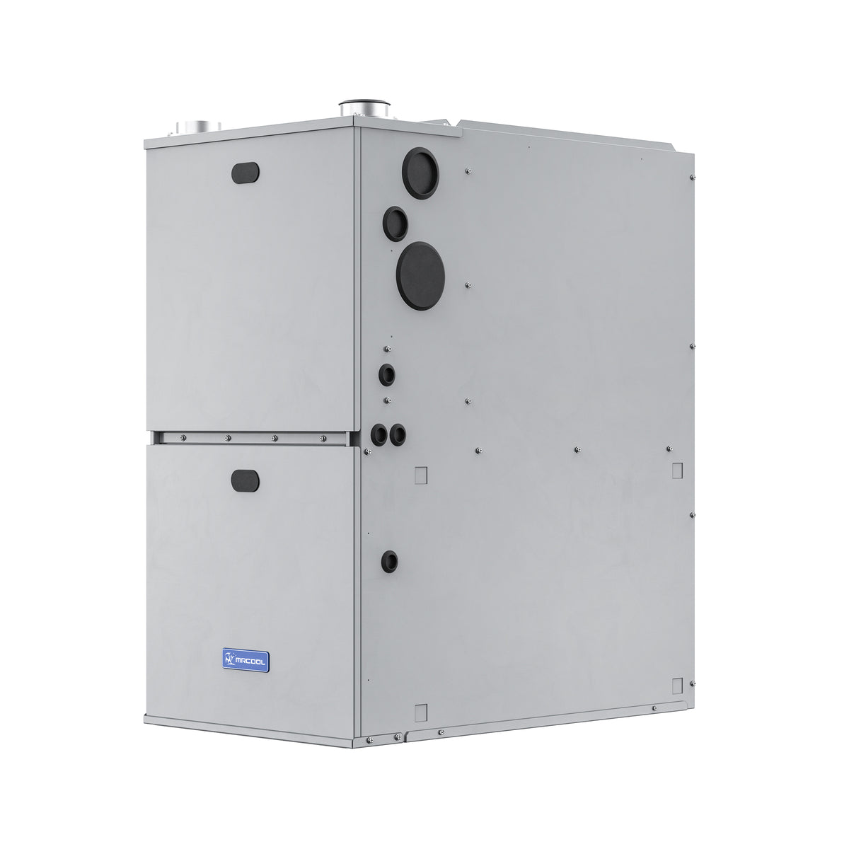 MRCOOL gas furnace cabinet with front ports and control openings, white metal housing