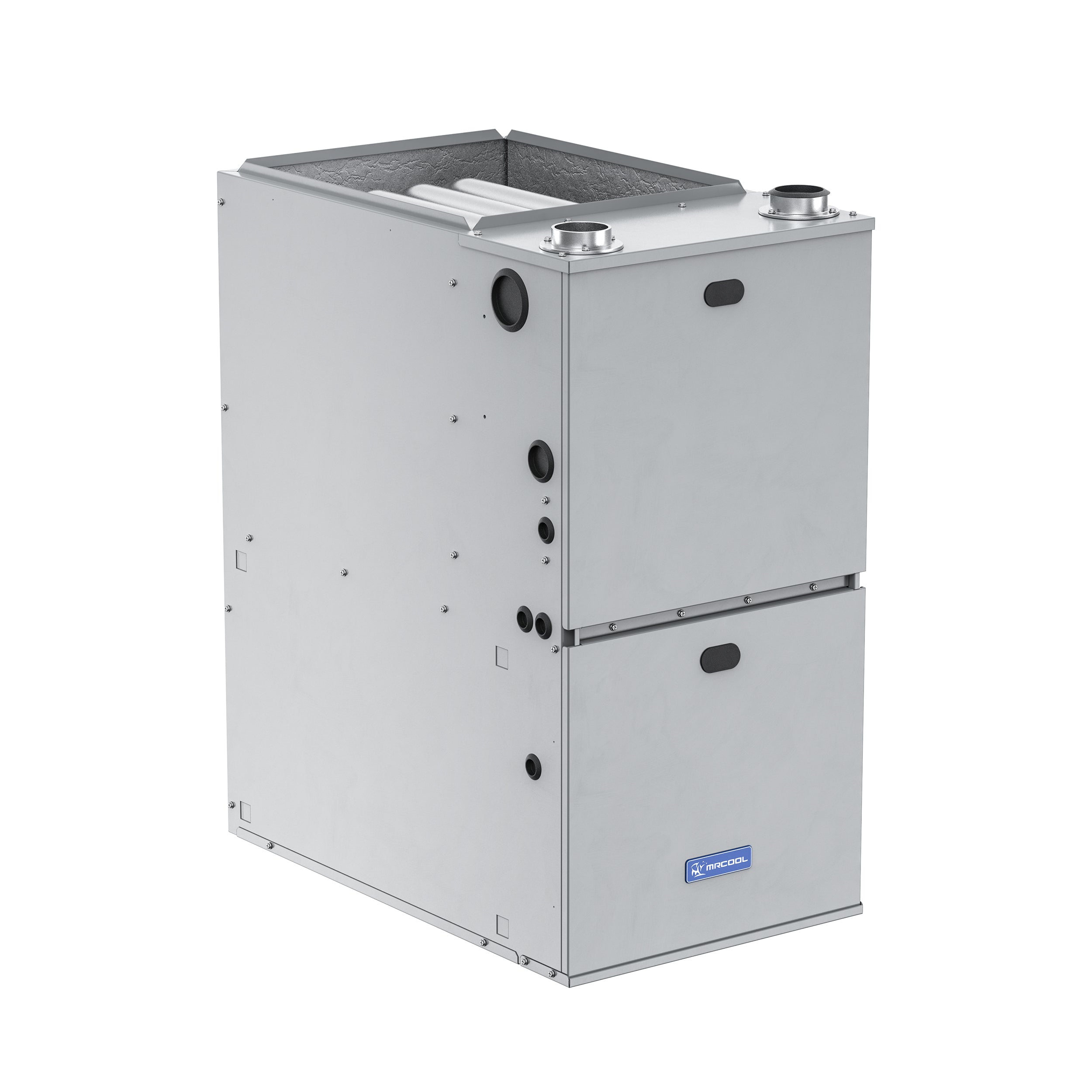 Gas furnace with white metal cabinet, top vents and round exhaust ports