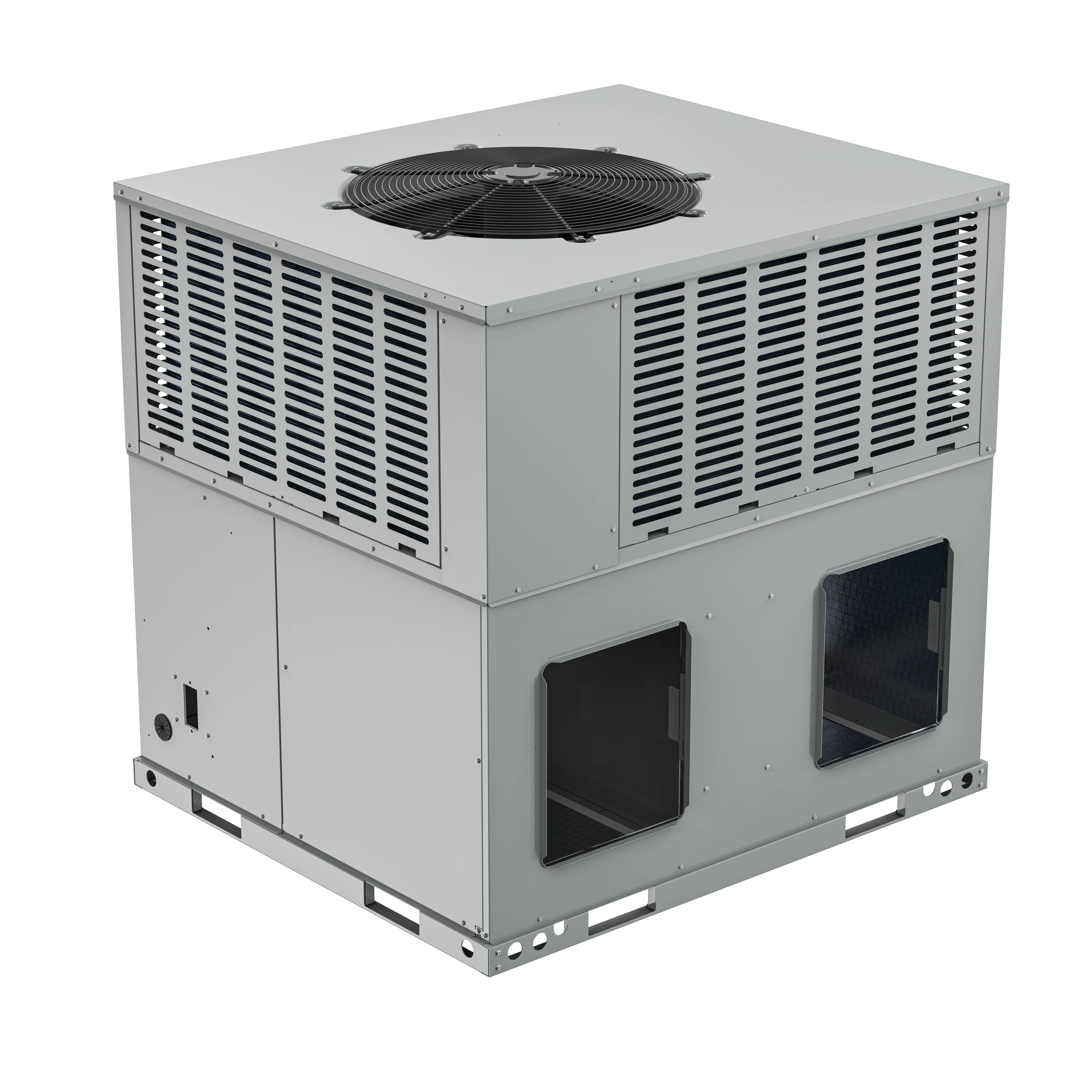 Packaged air conditioner condenser with top fan and side louvers, with access openings.