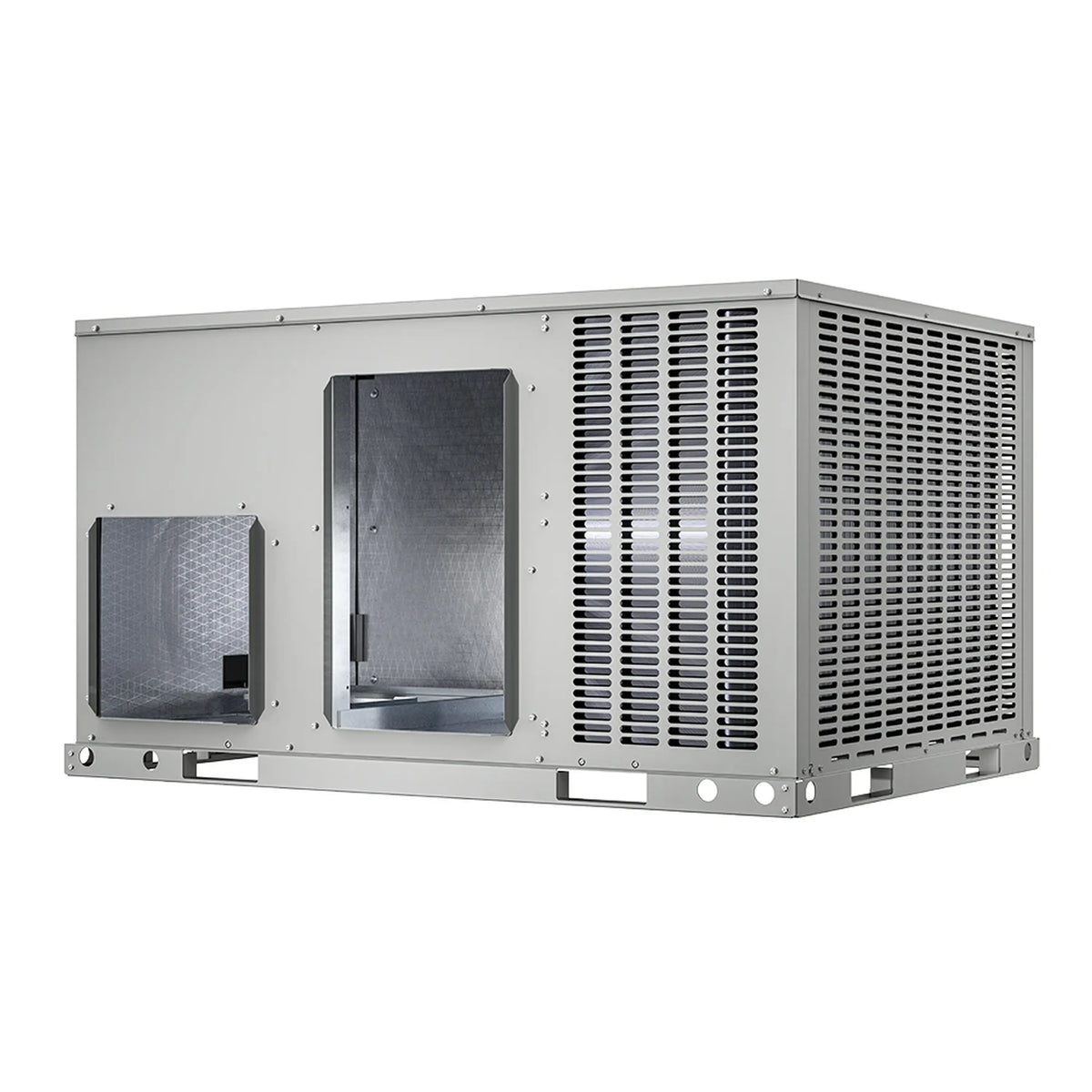 Gray outdoor heat pump condenser unit with louvered side grilles and access panels