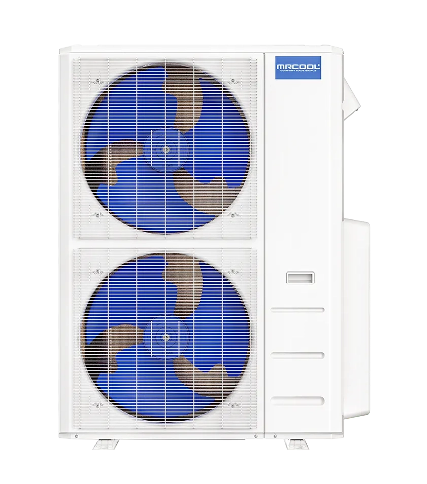 White outdoor mini split condenser unit with two fan grilles and MRCOOL logo