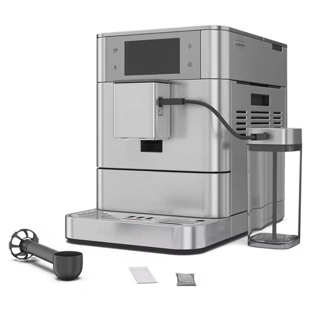 Stainless automatic espresso machine with dark display and milk container