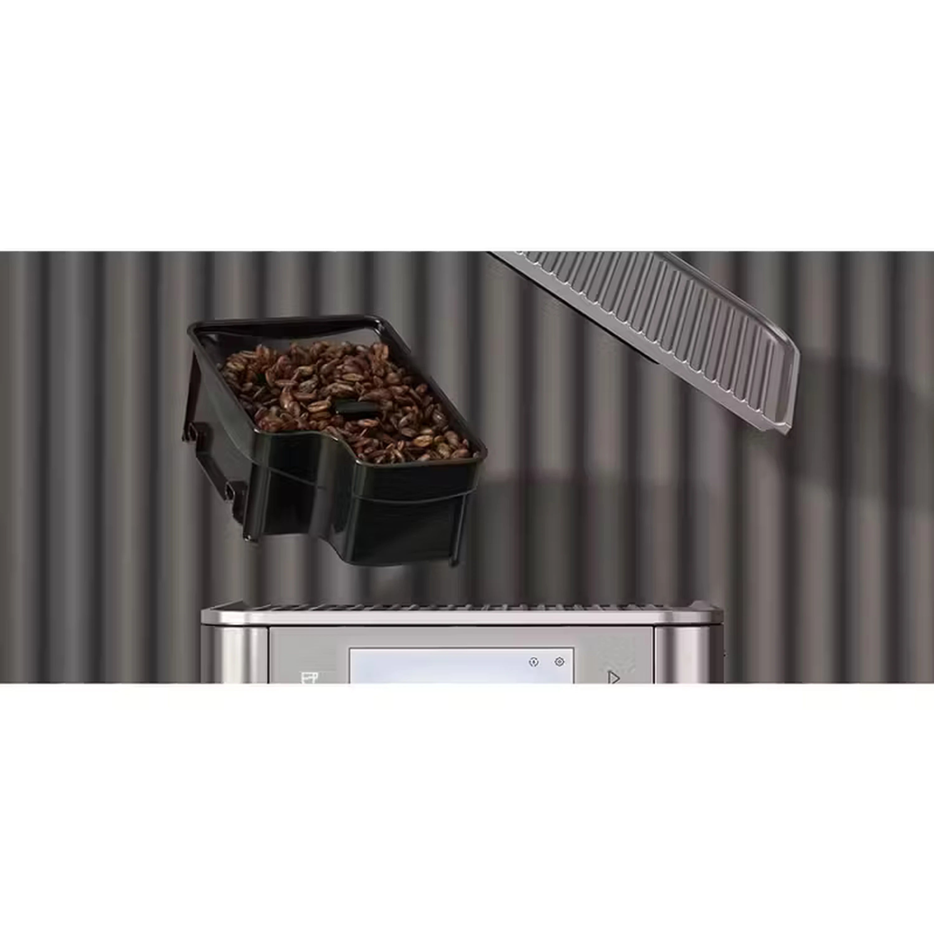 Bean hopper attachment feeding coffee beans into fully automatic espresso machine