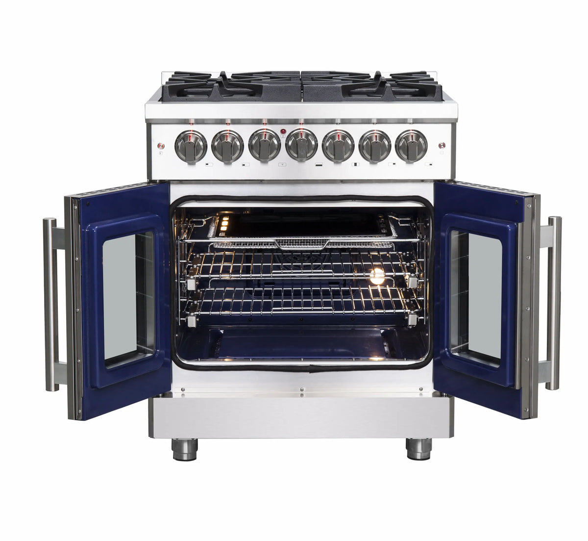 Stainless steel range with oven door open, visible racks and interior light