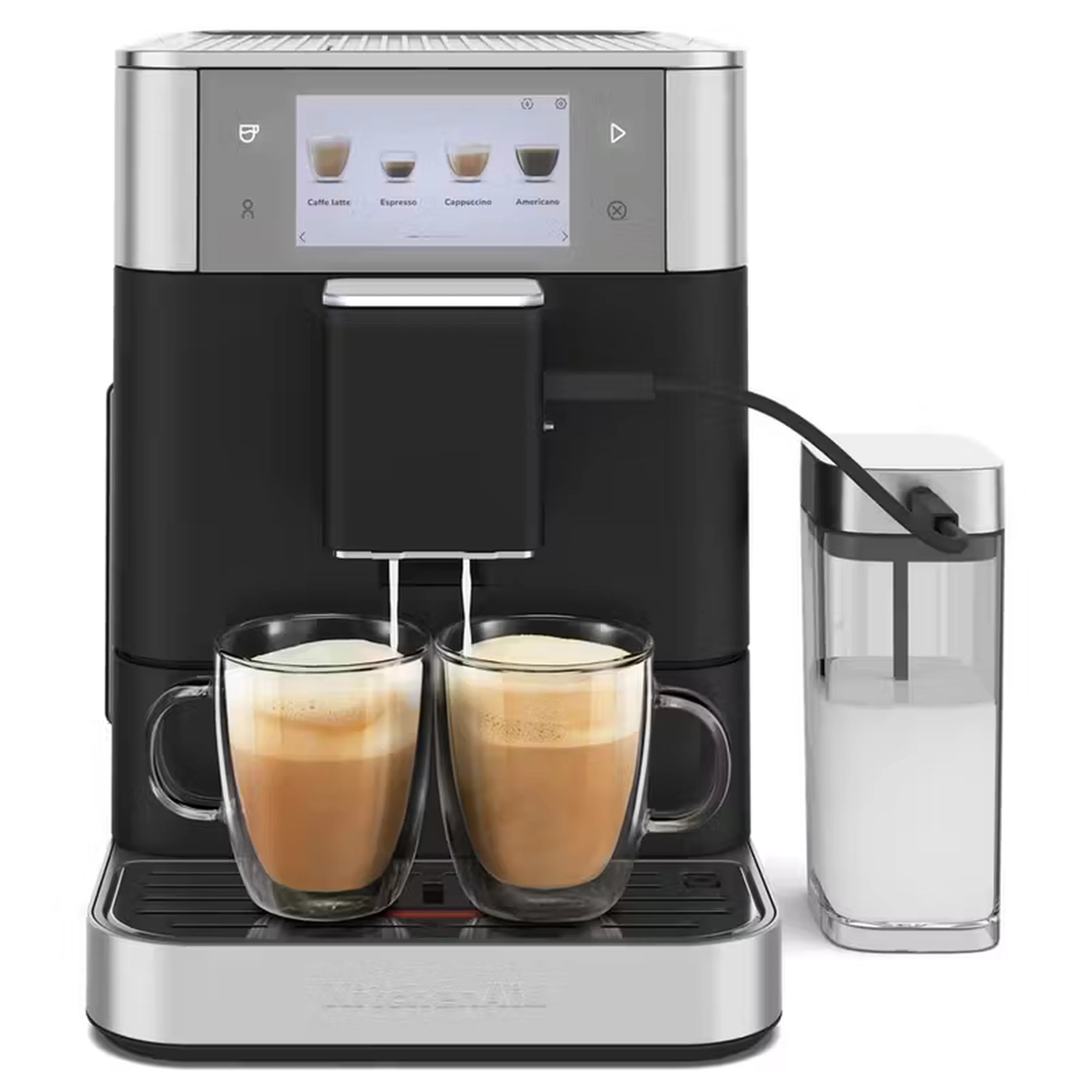 Black espresso machine with two coffee cups, drip tray, and clear milk container