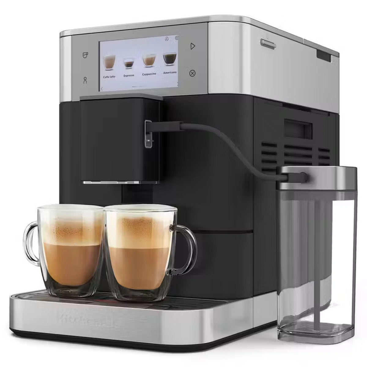 Black and stainless espresso machine with frothing spout and milk container.