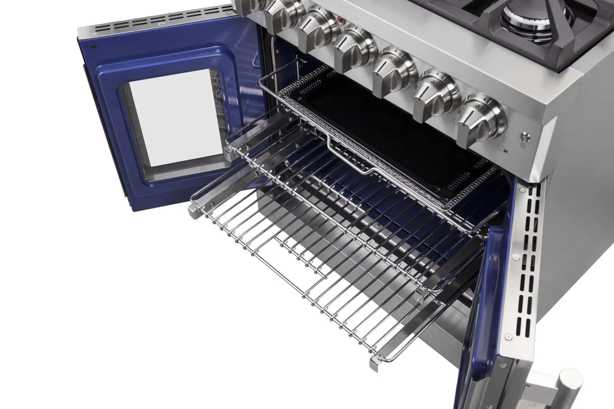 Open oven cavity with wire racks and stainless control knobs