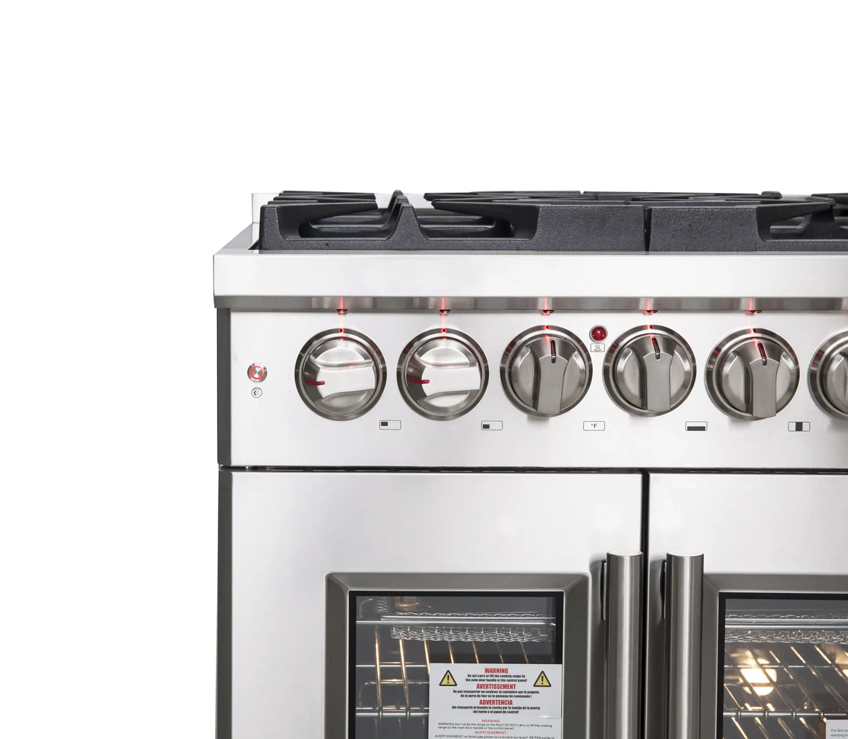 Stainless steel dual fuel range front control panel with burner knobs and grates
