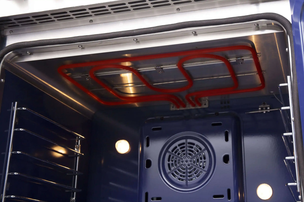Dual fuel oven interior with visible heating elements, fan vent, and cavity walls