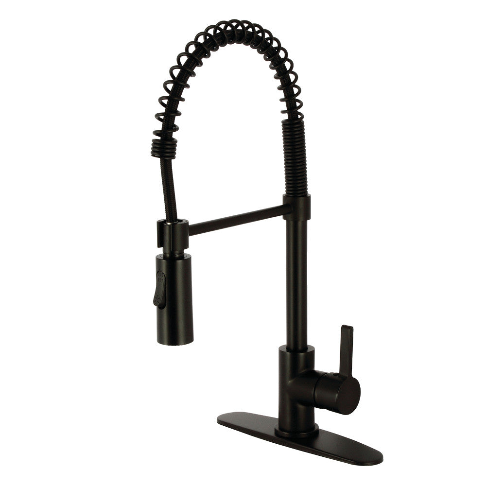 Matte black deck-mount pre-rinse kitchen faucet with arched pull-down sprayer