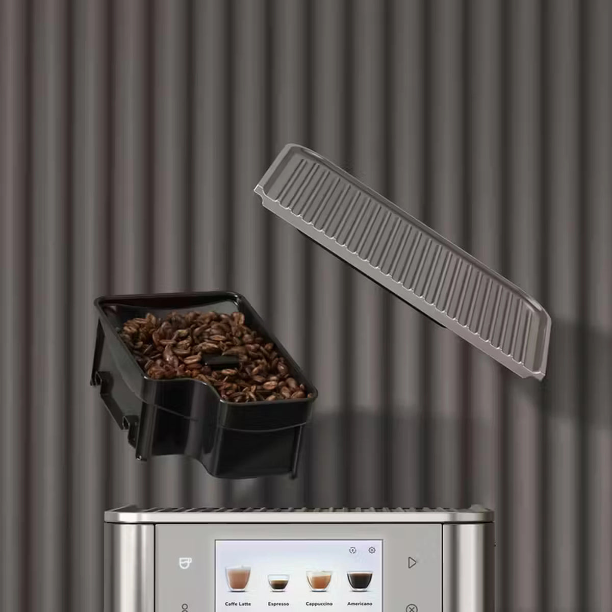 Stainless and dark fully automatic espresso machine with bean hopper and milk container