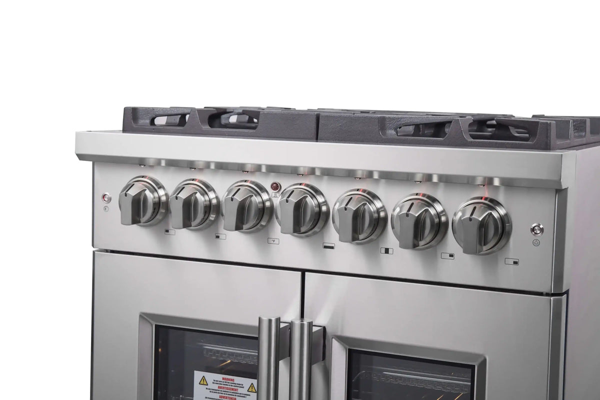 Stainless steel range control panel with multiple round burner knobs