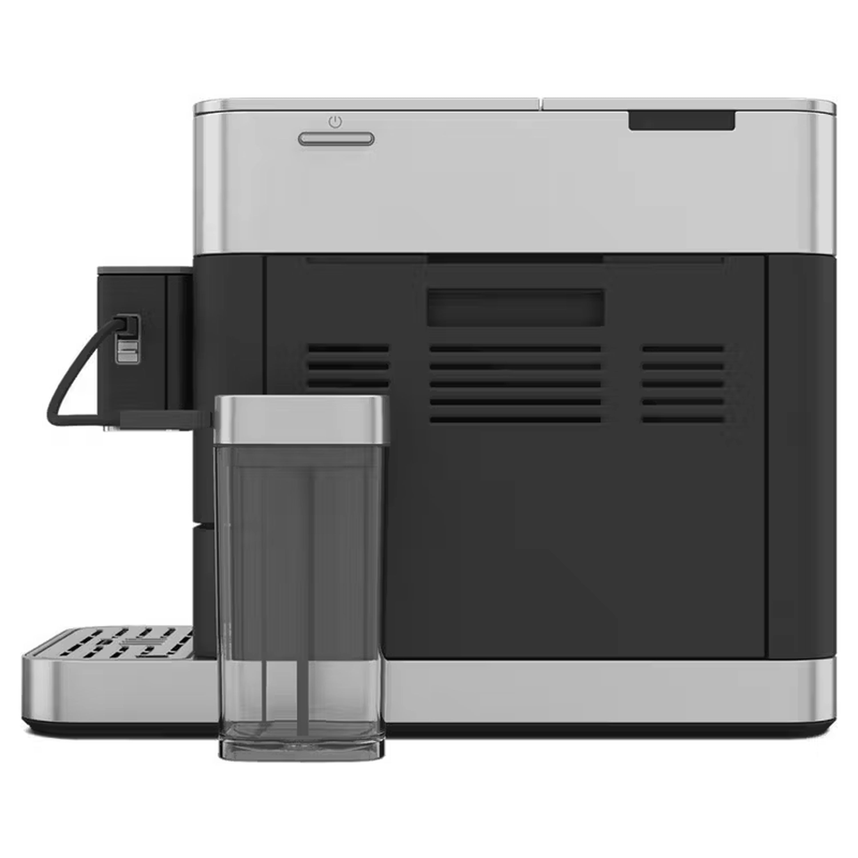 Black and stainless espresso machine back view with power port and transparent tank.