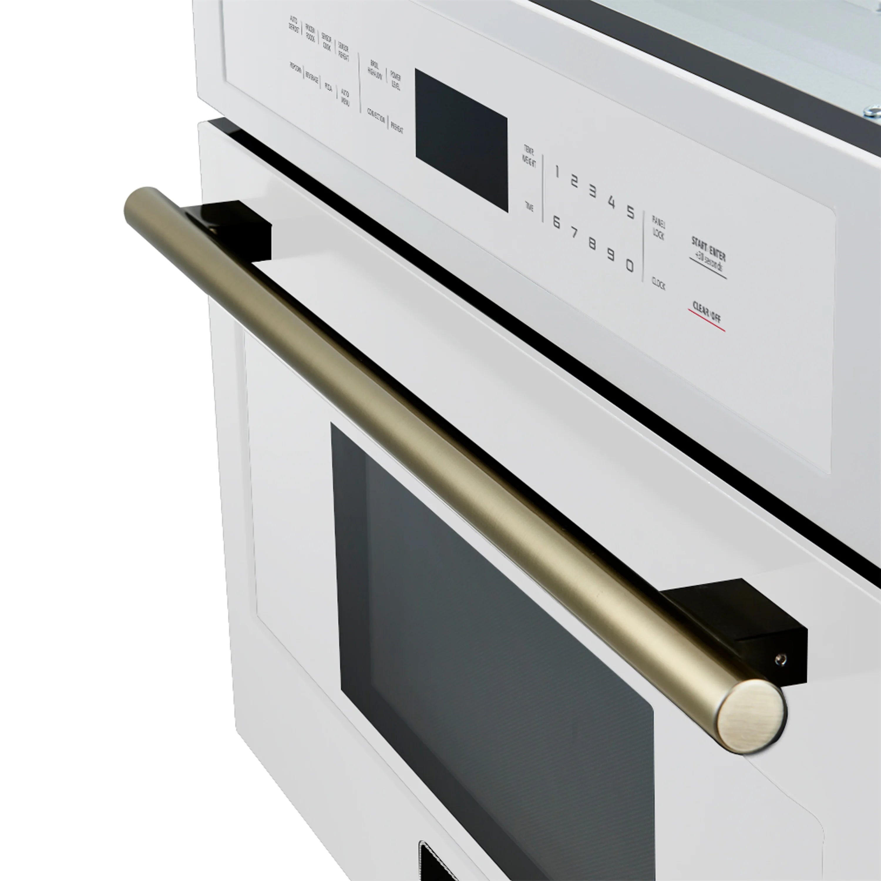 White microwave oven with antique brass bar handle and black door window