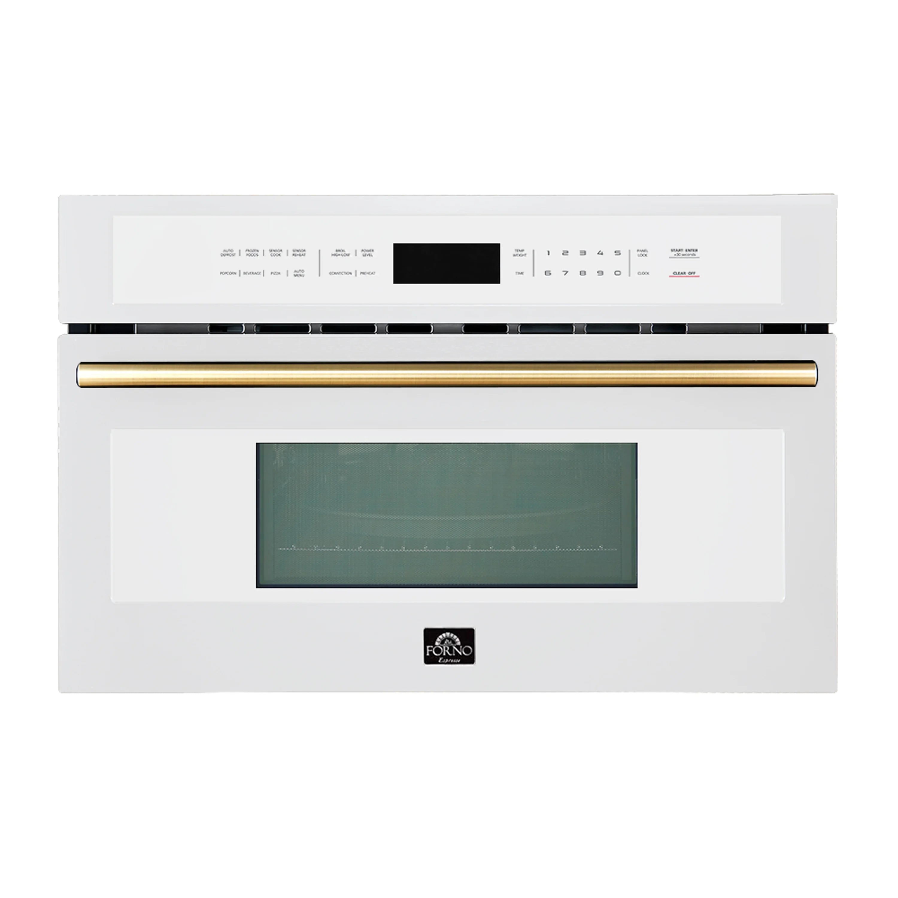 White built-in microwave oven with brass-trim handle and green-tinted window