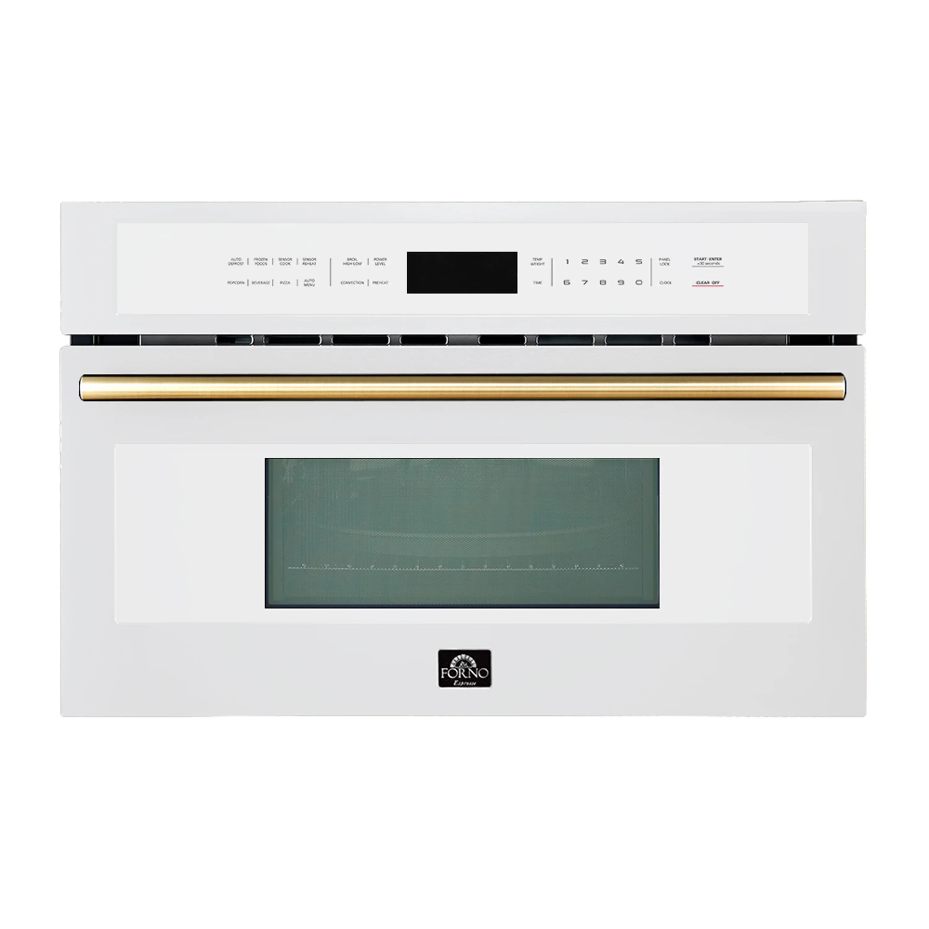 White microwave oven with green display window and antique brass handle