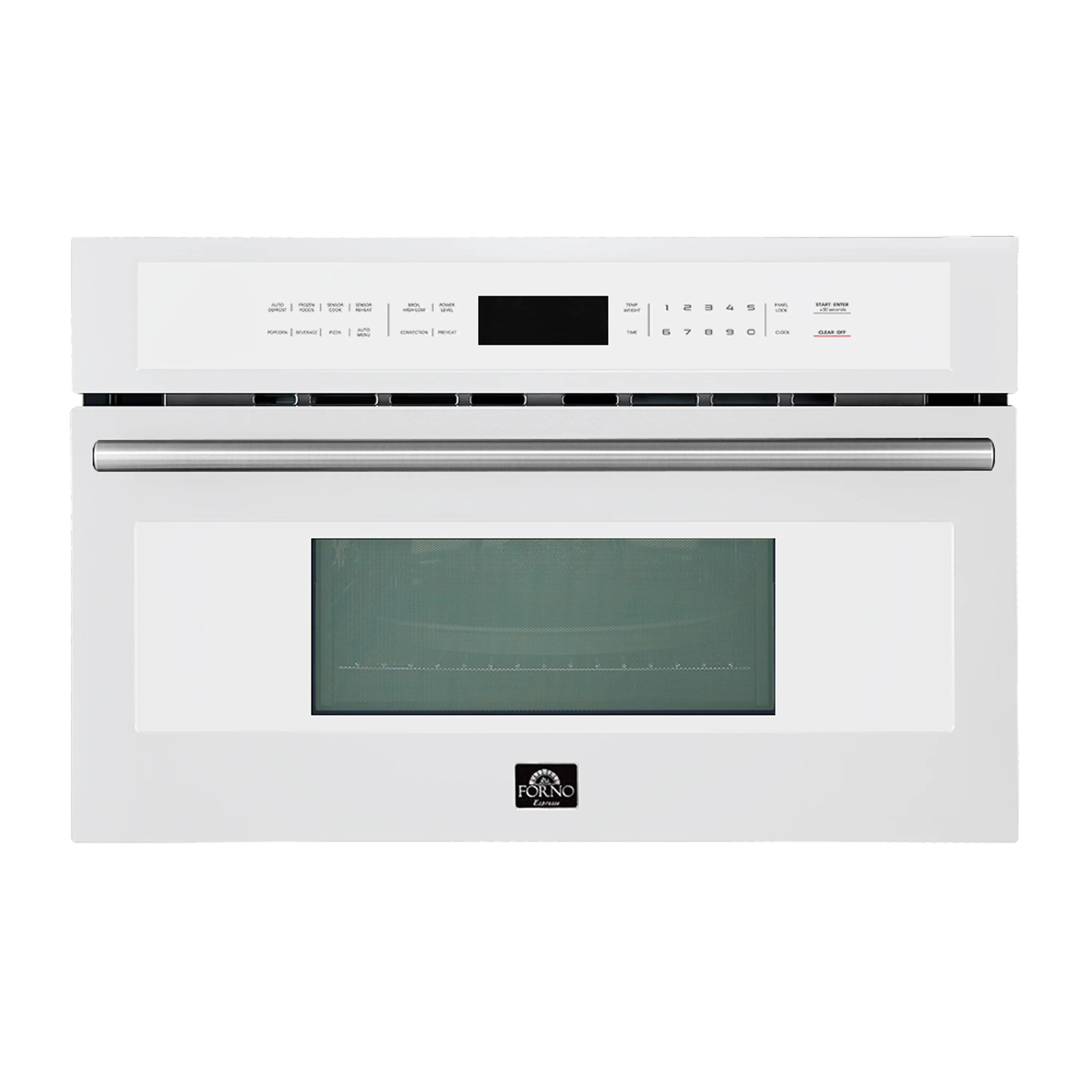 White microwave oven front with control panel, stainless handle, and window display