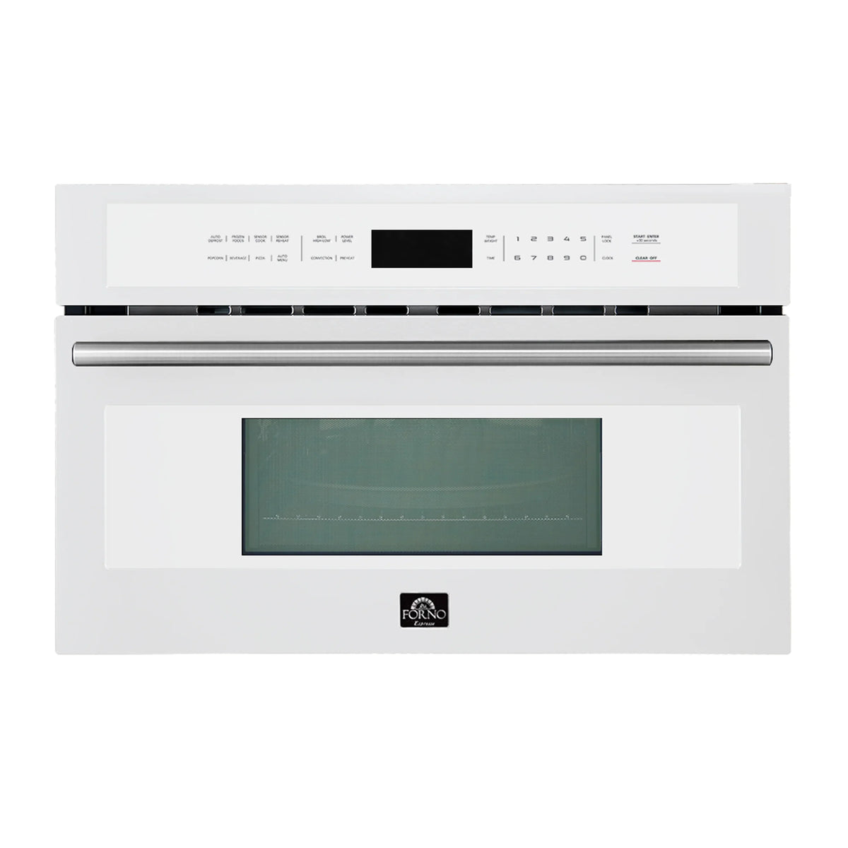 White built-in microwave oven with front control panel and display window