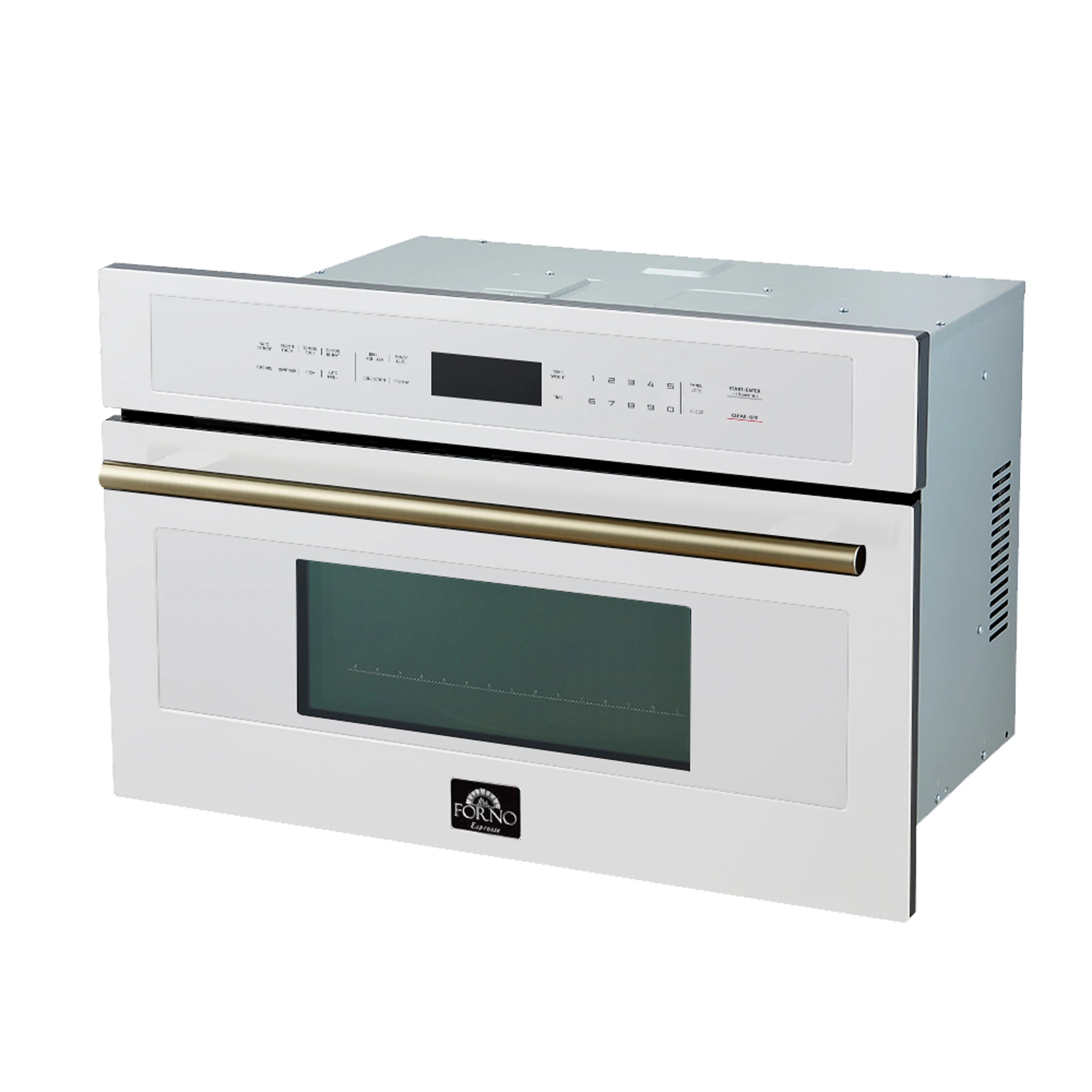 White microwave oven door with brass-trim handle, control panel, and vented sides